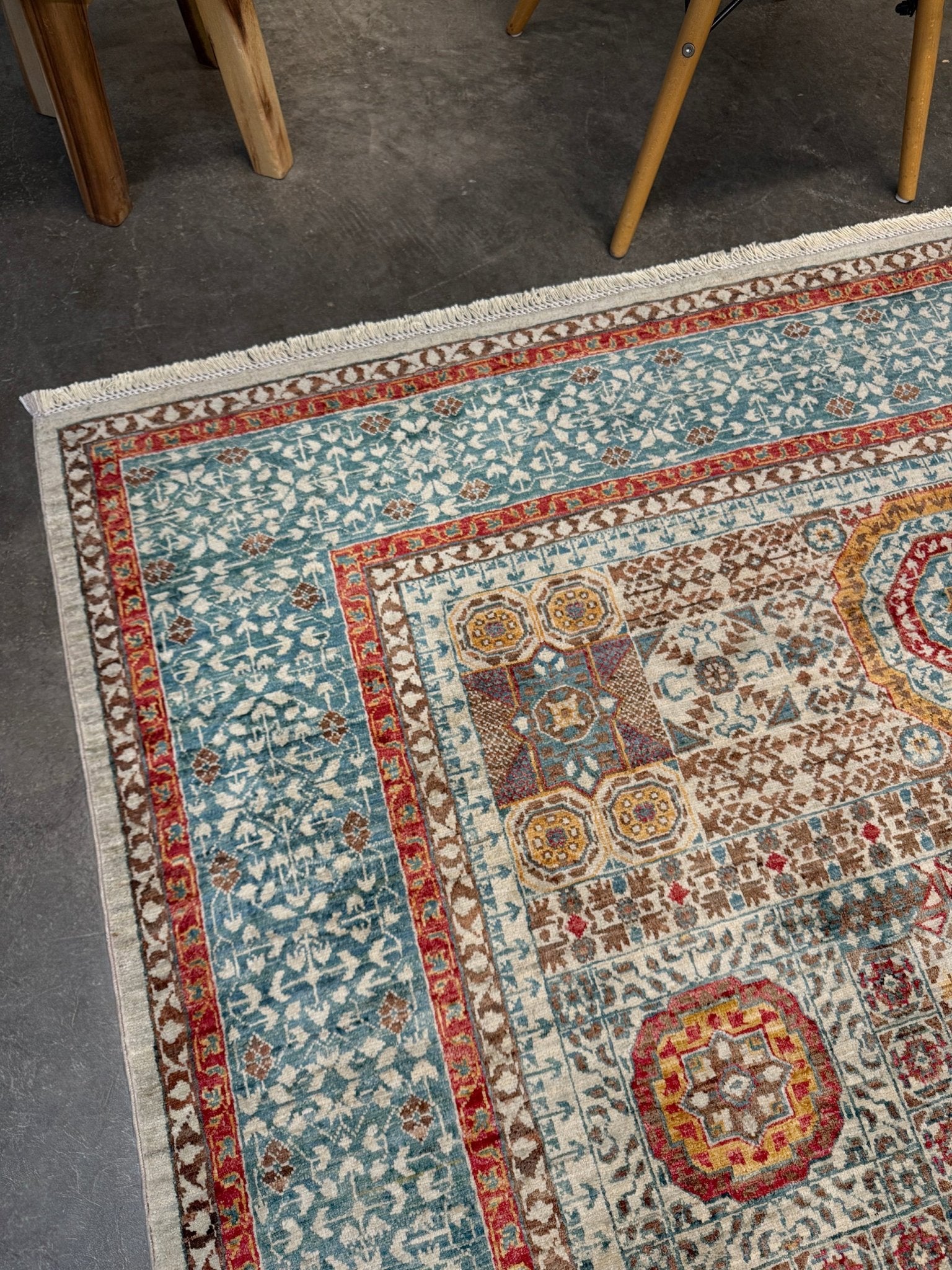 dusty teal 40x40 quality mamluk transitional handmade wool rug geometric medallion design warm ivory field 5x8 area rug indigo rugs san francisco bay area