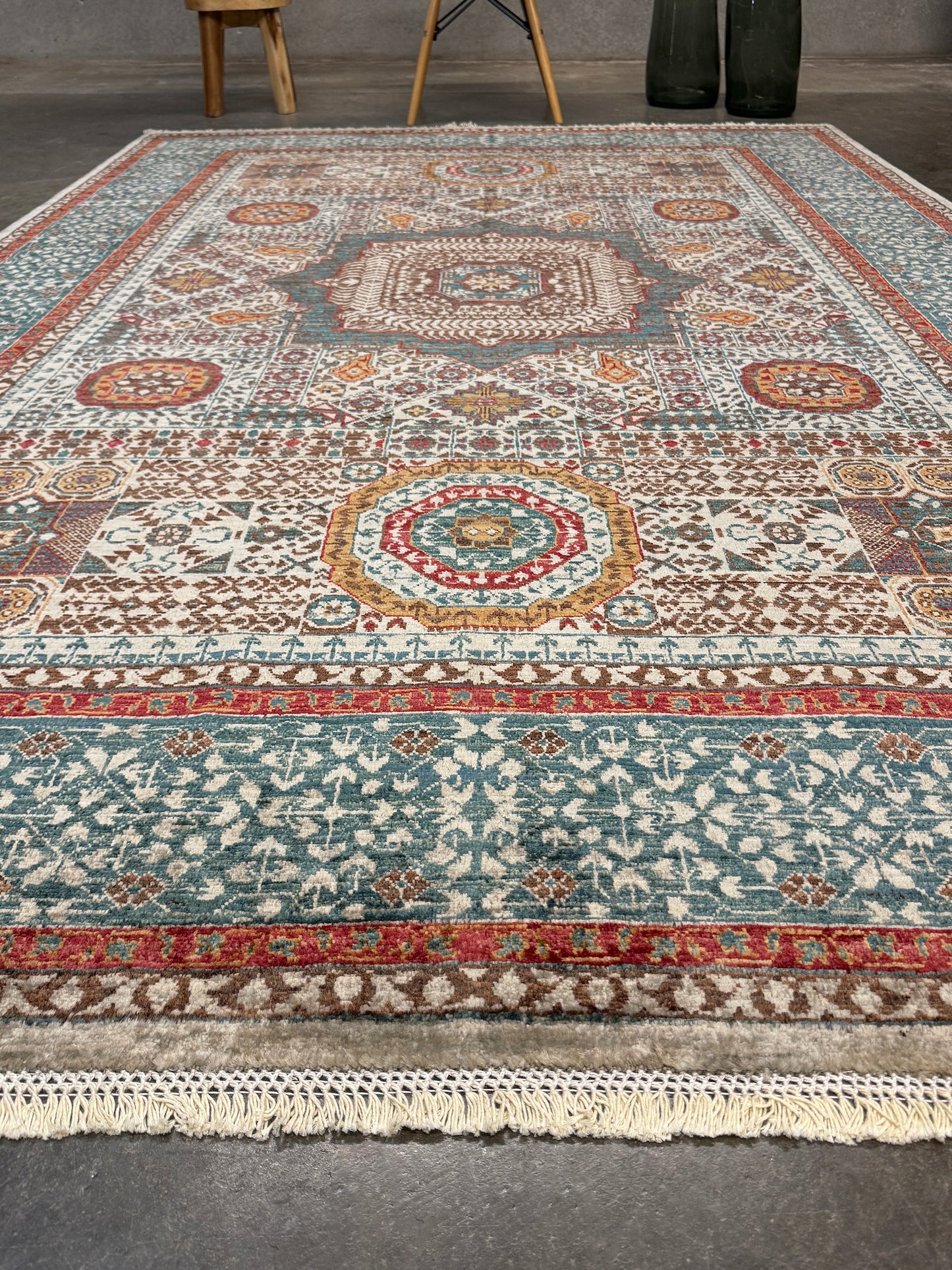 dusty teal 40x40 quality mamluk transitional handmade wool rug geometric medallion design warm ivory field 5x8 area rug indigo rugs san francisco bay area