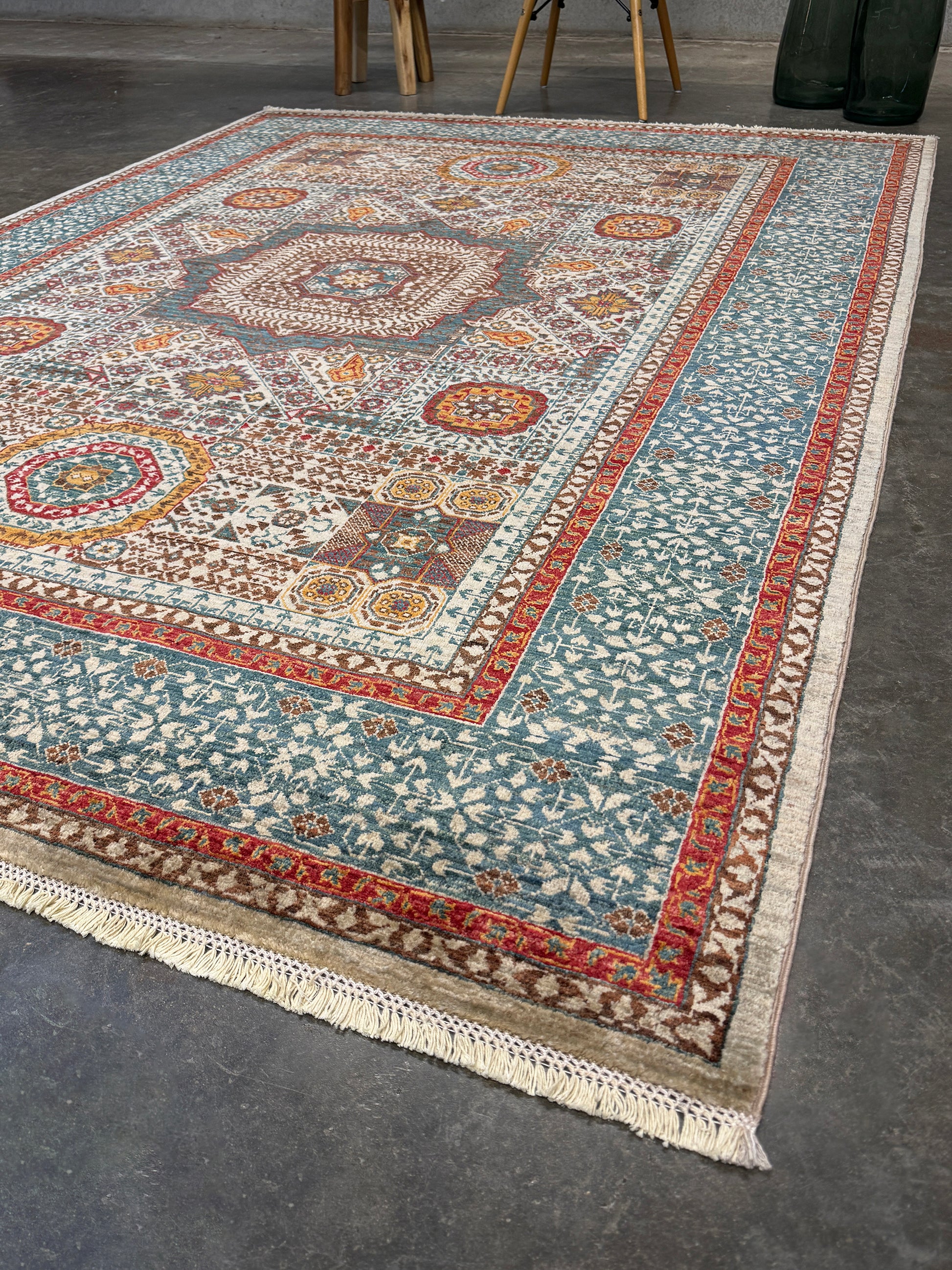 dusty teal 40x40 quality mamluk transitional handmade wool rug geometric medallion design warm ivory field 5x8 area rug indigo rugs san francisco bay area