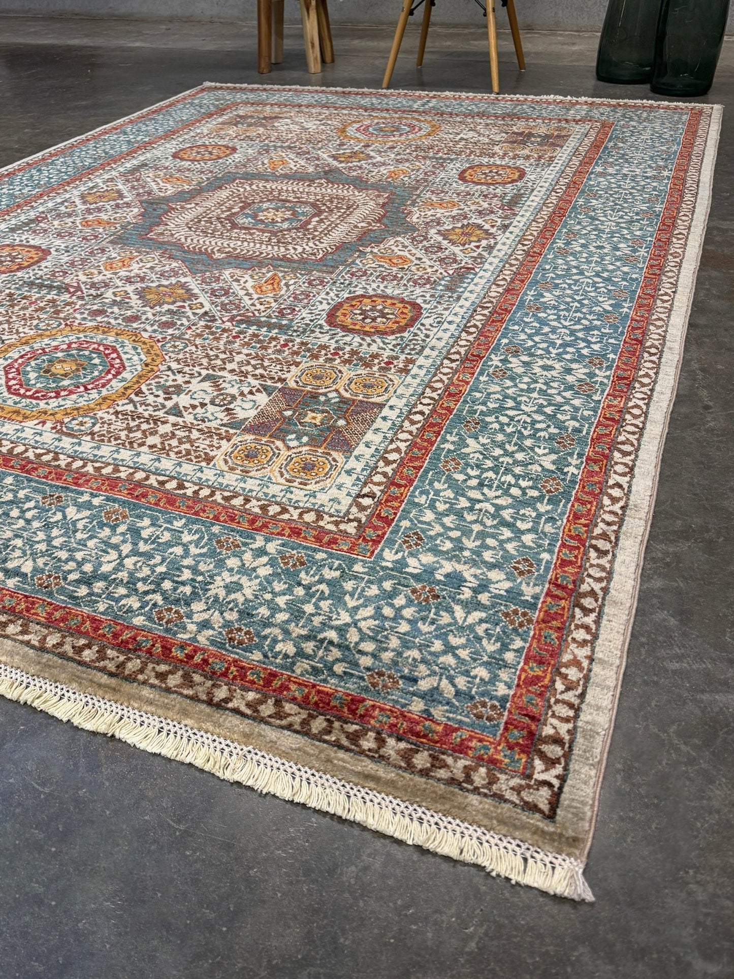 dusty teal 40x40 quality mamluk transitional handmade wool rug geometric medallion design warm ivory field 5x8 area rug indigo rugs san francisco bay area