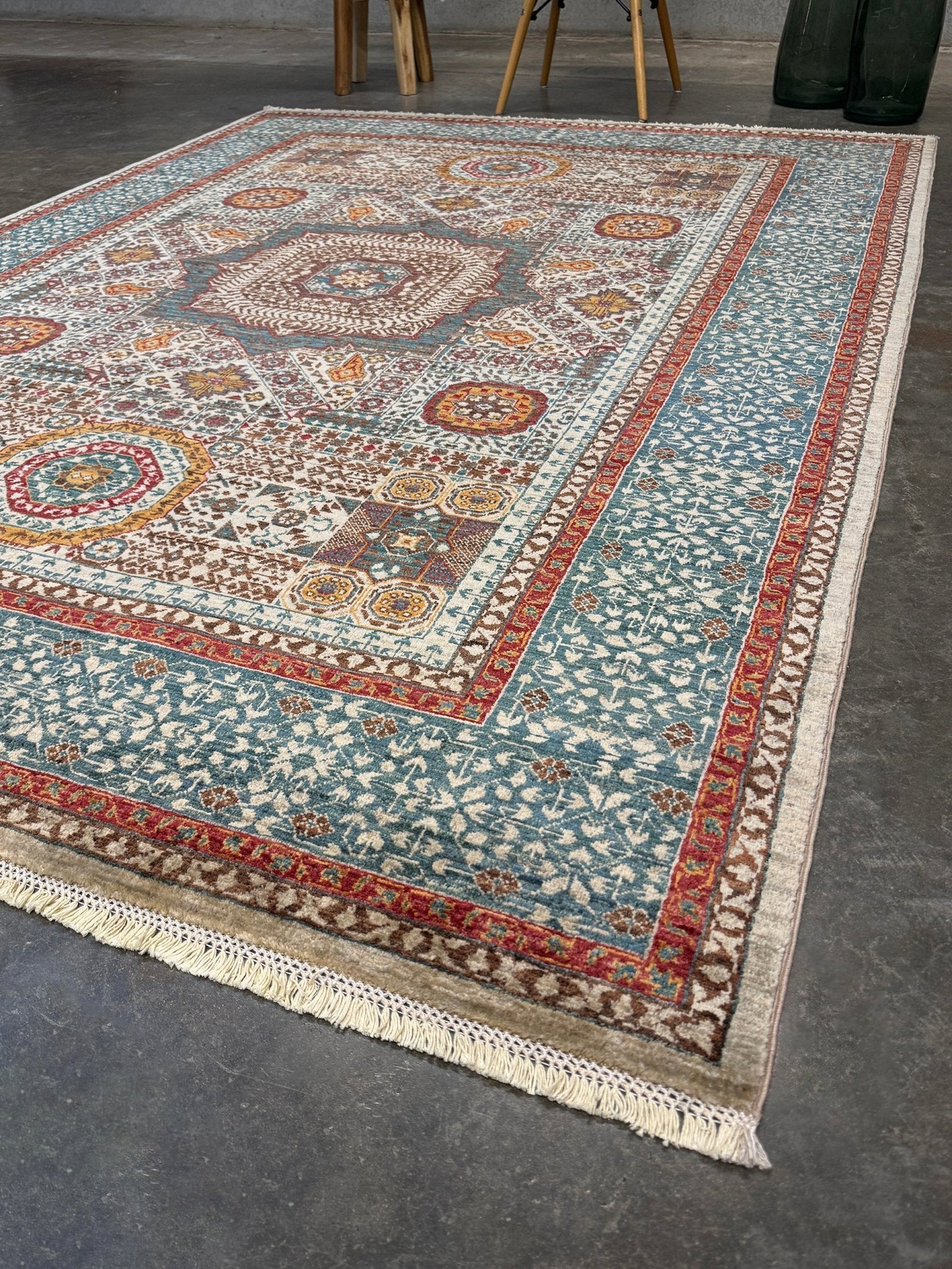 dusty teal 40x40 quality mamluk transitional handmade wool rug geometric medallion design warm ivory field 5x8 area rug indigo rugs san francisco bay area