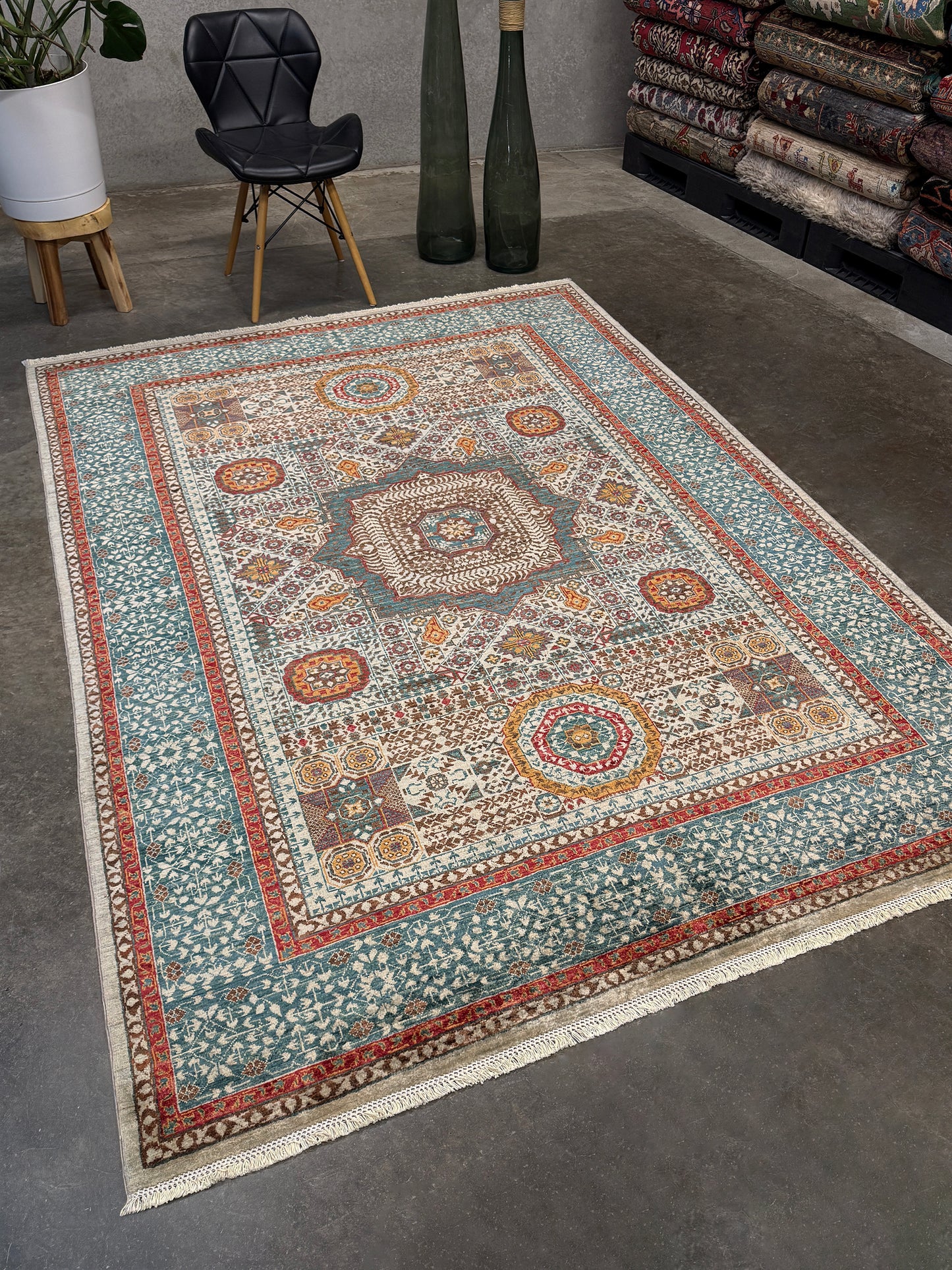 dusty teal 40x40 quality mamluk transitional handmade wool rug geometric medallion design warm ivory field 5x8 area rug indigo rugs san francisco bay area