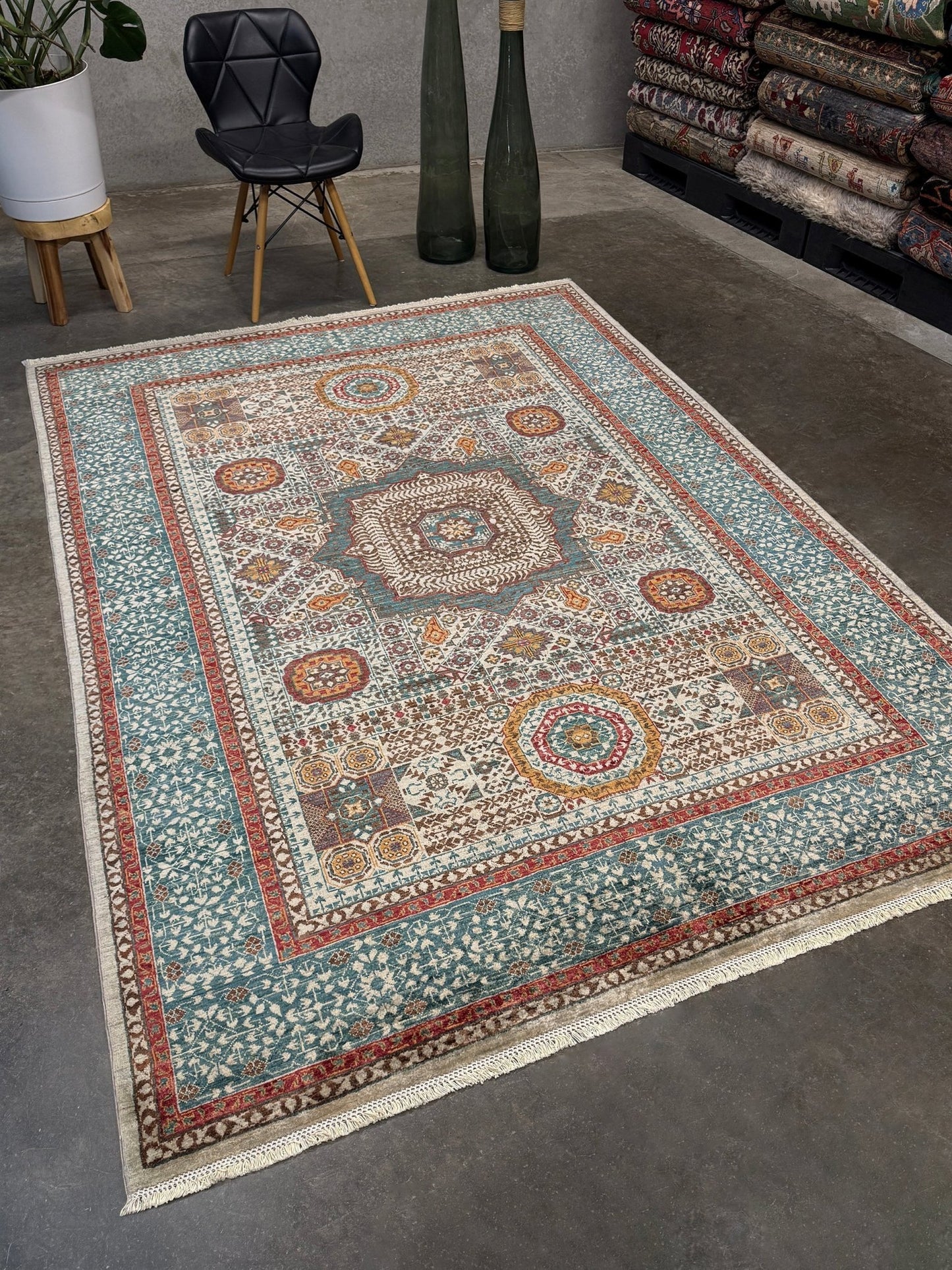 dusty teal 40x40 quality mamluk transitional handmade wool rug geometric medallion design warm ivory field 5x8 area rug indigo rugs san francisco bay area
