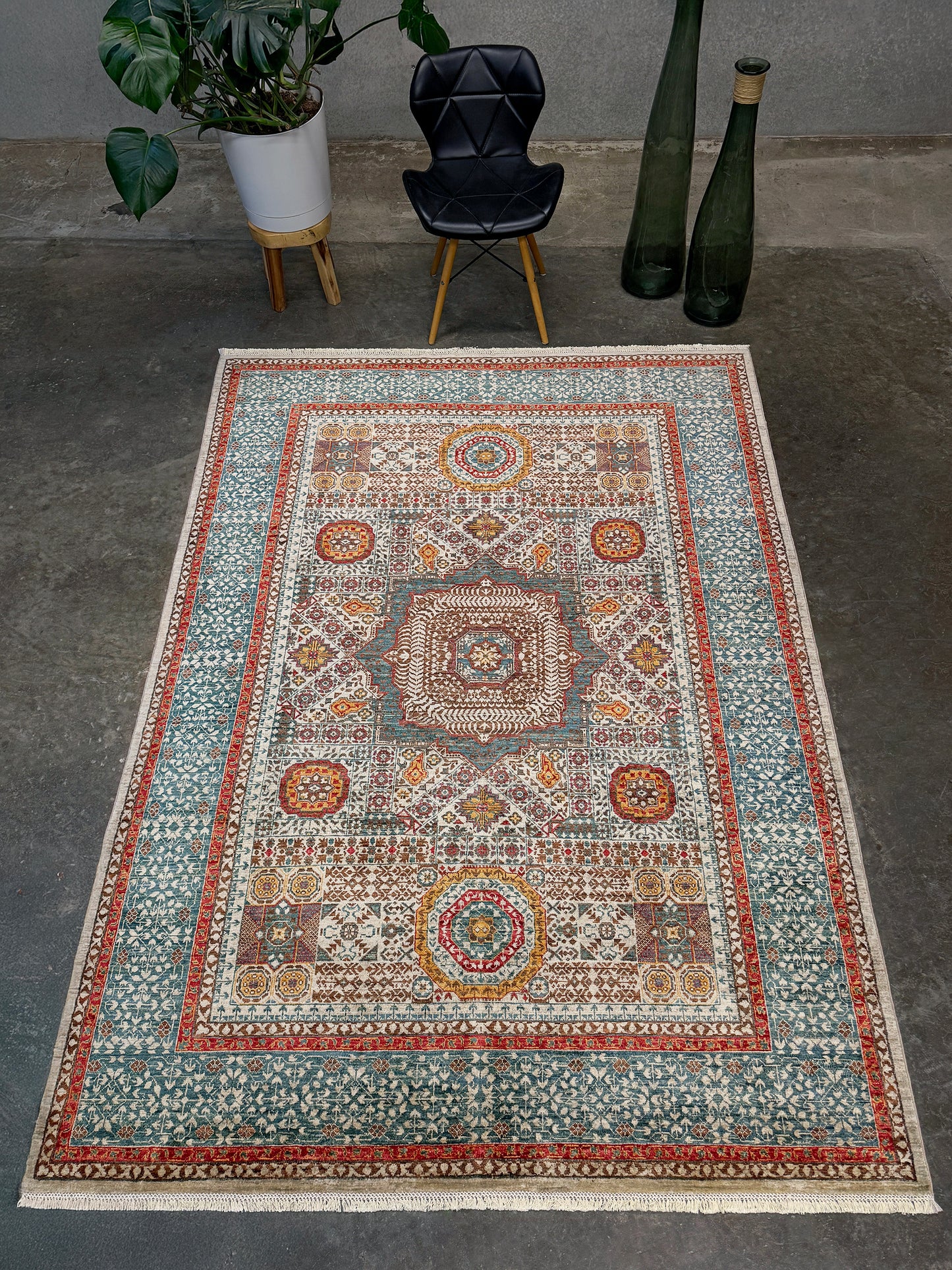 dusty teal 40x40 quality mamluk transitional handmade wool rug geometric medallion design warm ivory field 5x8 area rug indigo rugs san francisco bay area