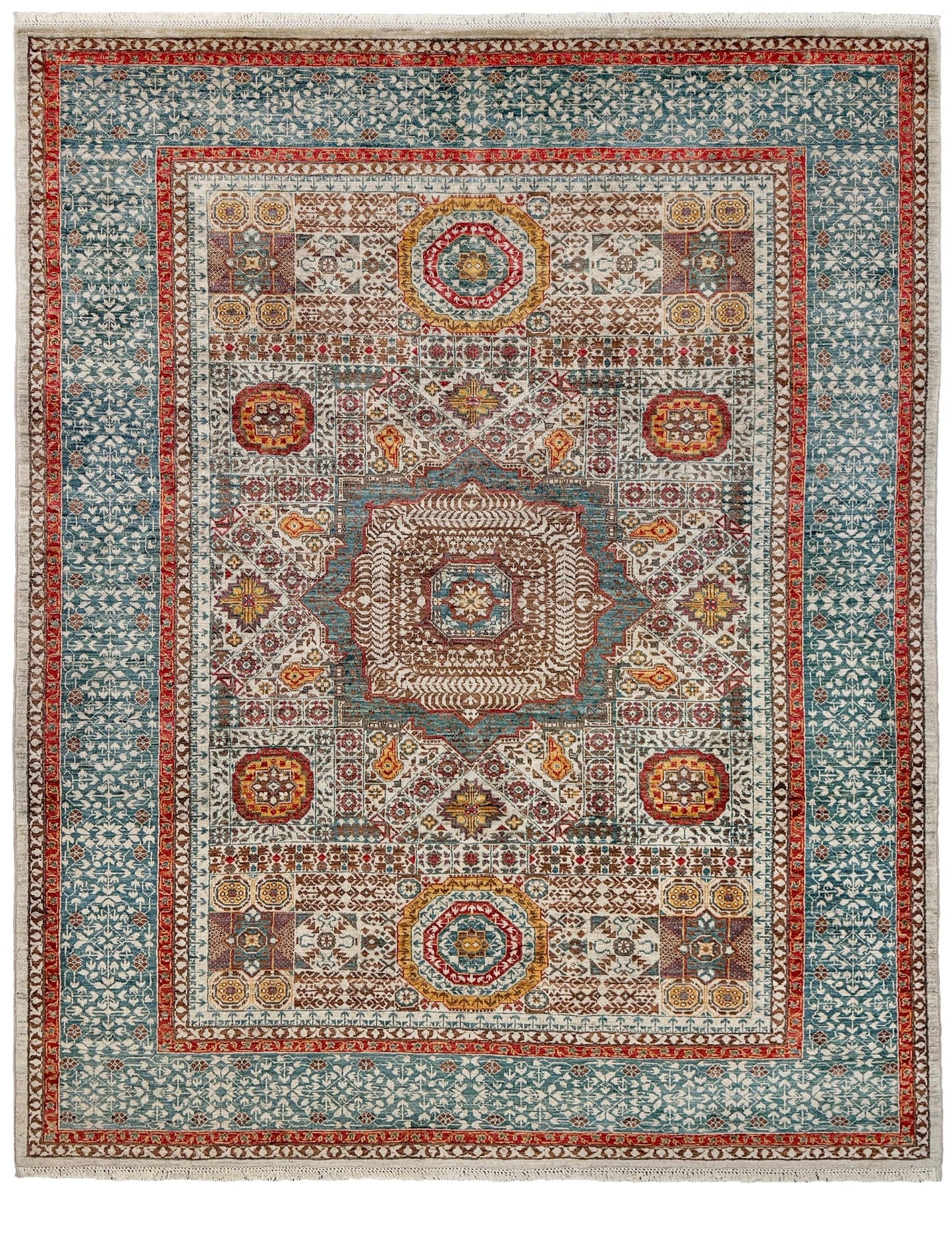 dusty teal 40x40 quality mamluk transitional handmade wool rug geometric medallion design warm ivory field 5x8 area rug indigo rugs san francisco bay area