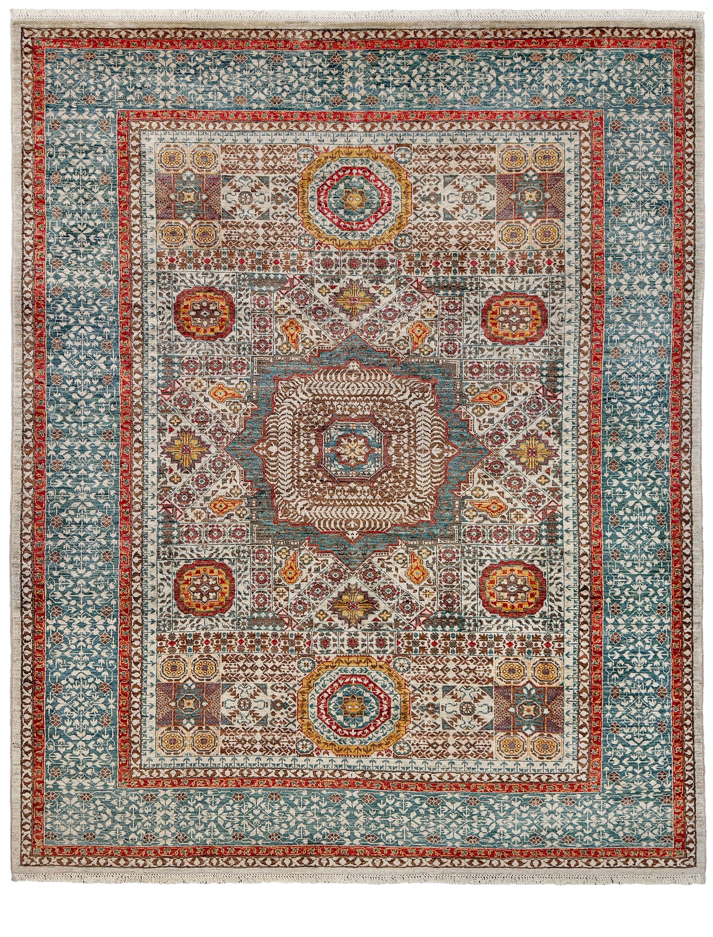 dusty teal 40x40 quality mamluk transitional handmade wool rug geometric medallion design warm ivory field 5x8 area rug indigo rugs san francisco bay area