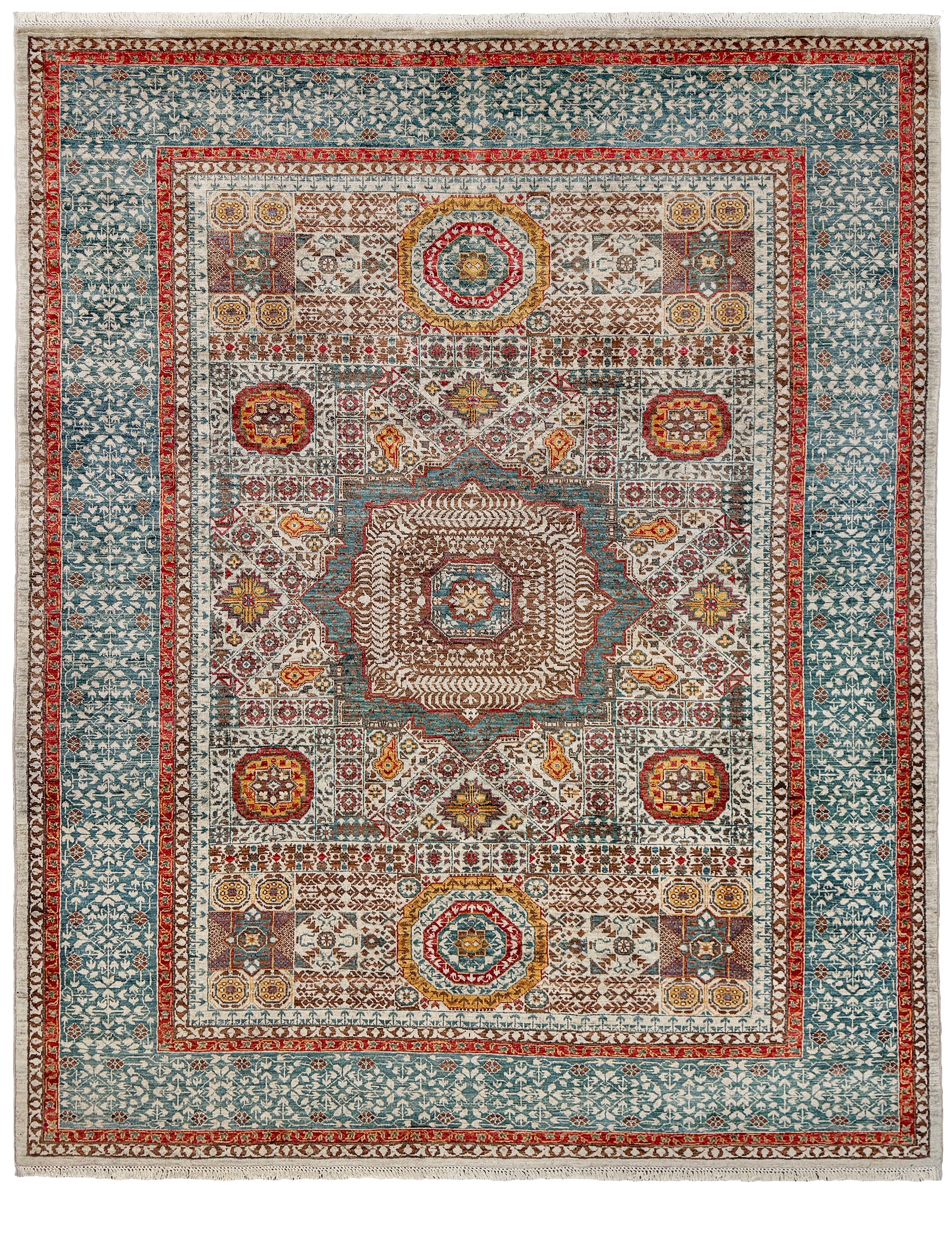dusty teal 40x40 quality mamluk transitional handmade wool rug geometric medallion design warm ivory field 5x8 area rug indigo rugs san francisco bay area