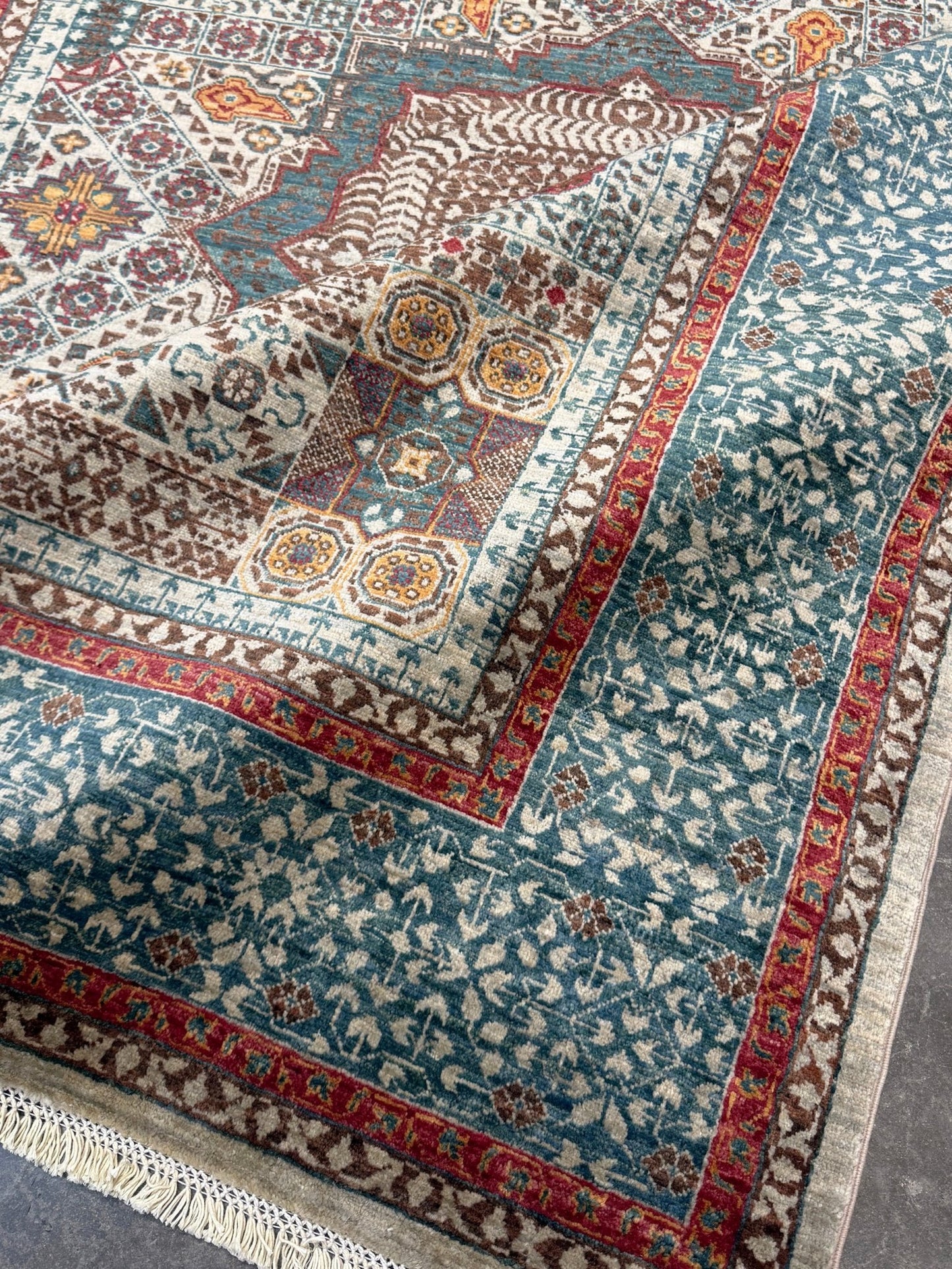 dusty teal 40x40 quality mamluk transitional handmade wool rug geometric medallion design warm ivory field 5x8 area rug indigo rugs san francisco bay area