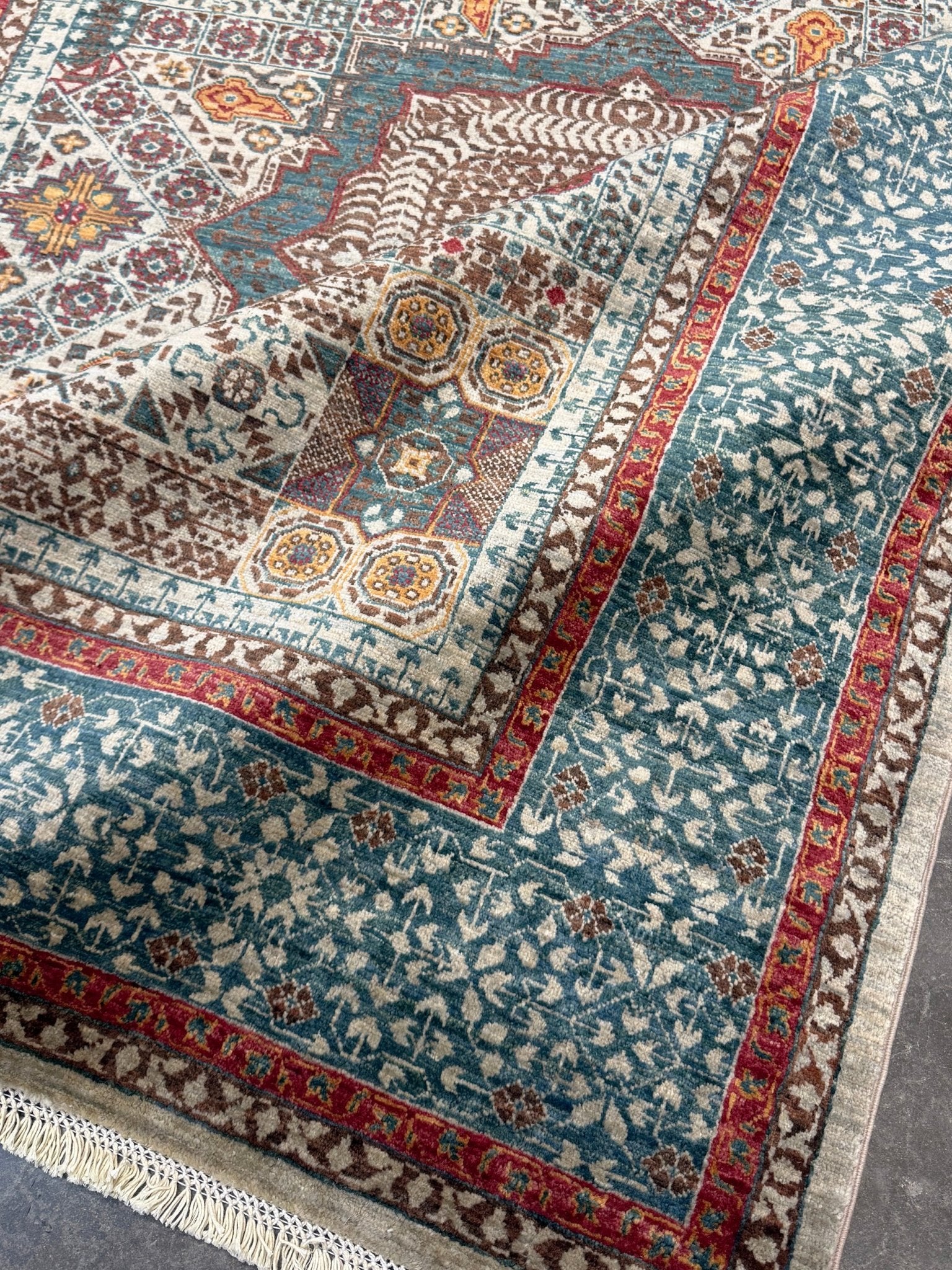 dusty teal 40x40 quality mamluk transitional handmade wool rug geometric medallion design warm ivory field 5x8 area rug indigo rugs san francisco bay area