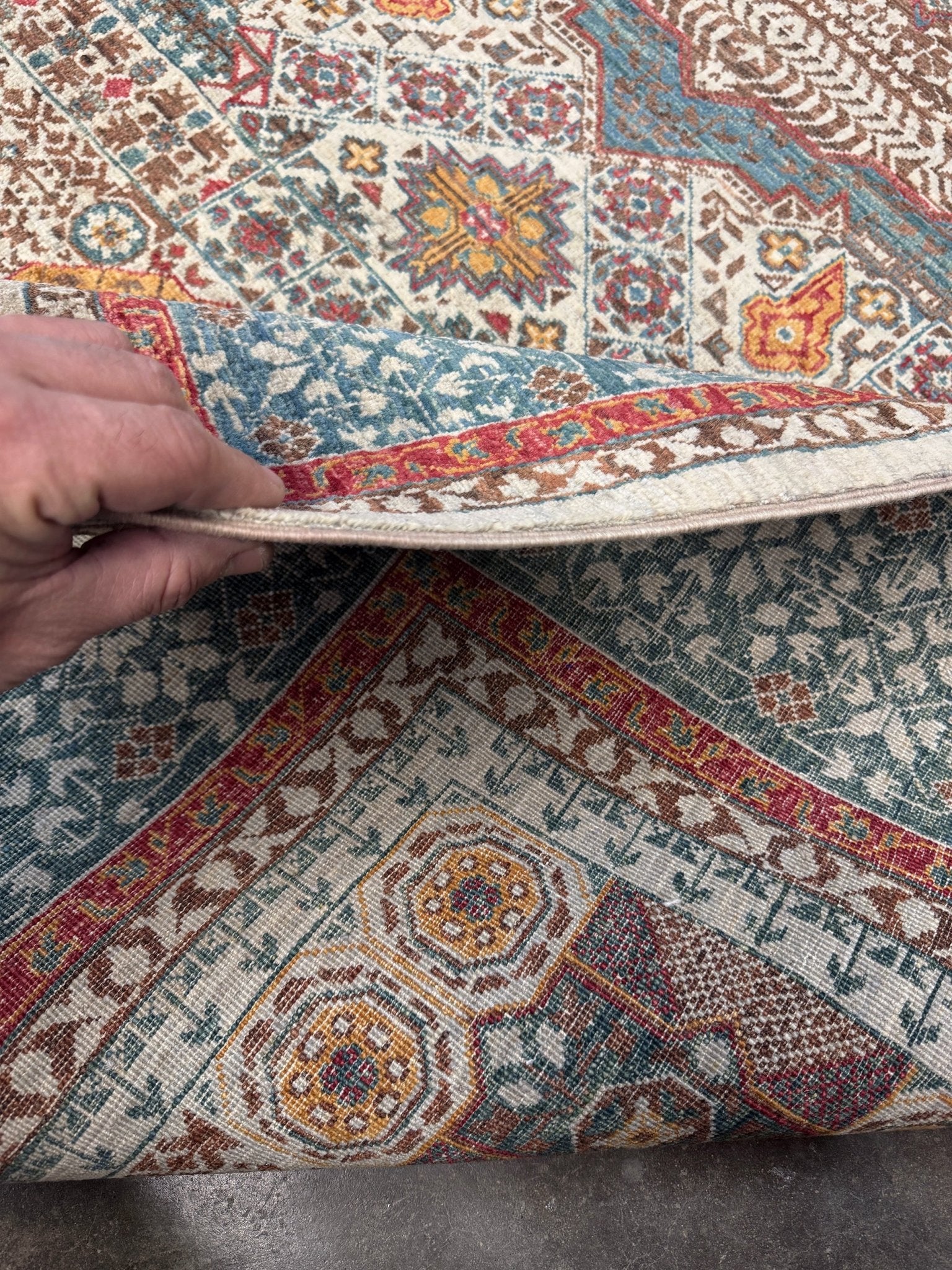 dusty teal 40x40 quality mamluk transitional handmade wool rug geometric medallion design warm ivory field 5x8 area rug indigo rugs san francisco bay area