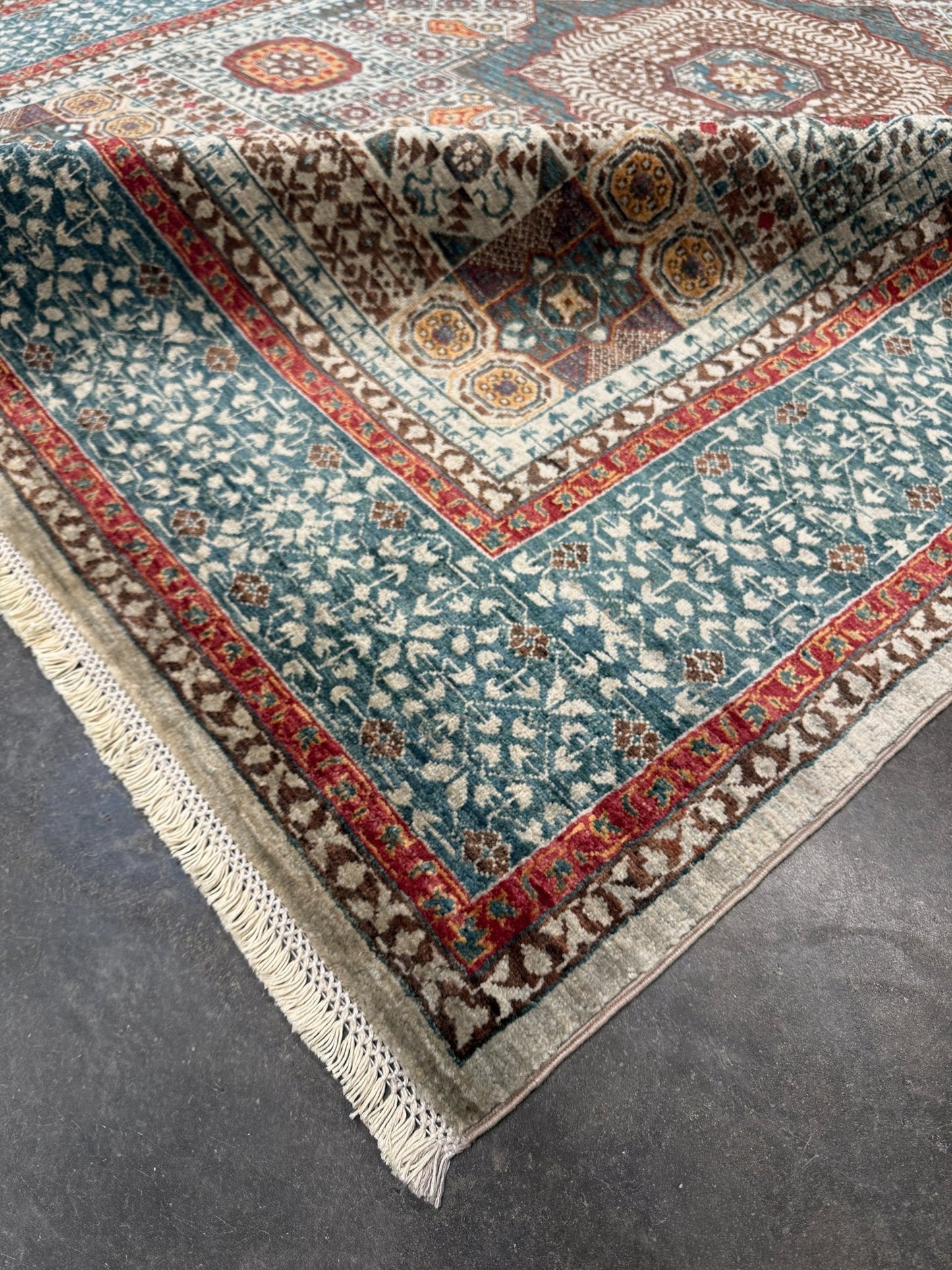 dusty teal 40x40 quality mamluk transitional handmade wool rug geometric medallion design warm ivory field 5x8 area rug indigo rugs san francisco bay area