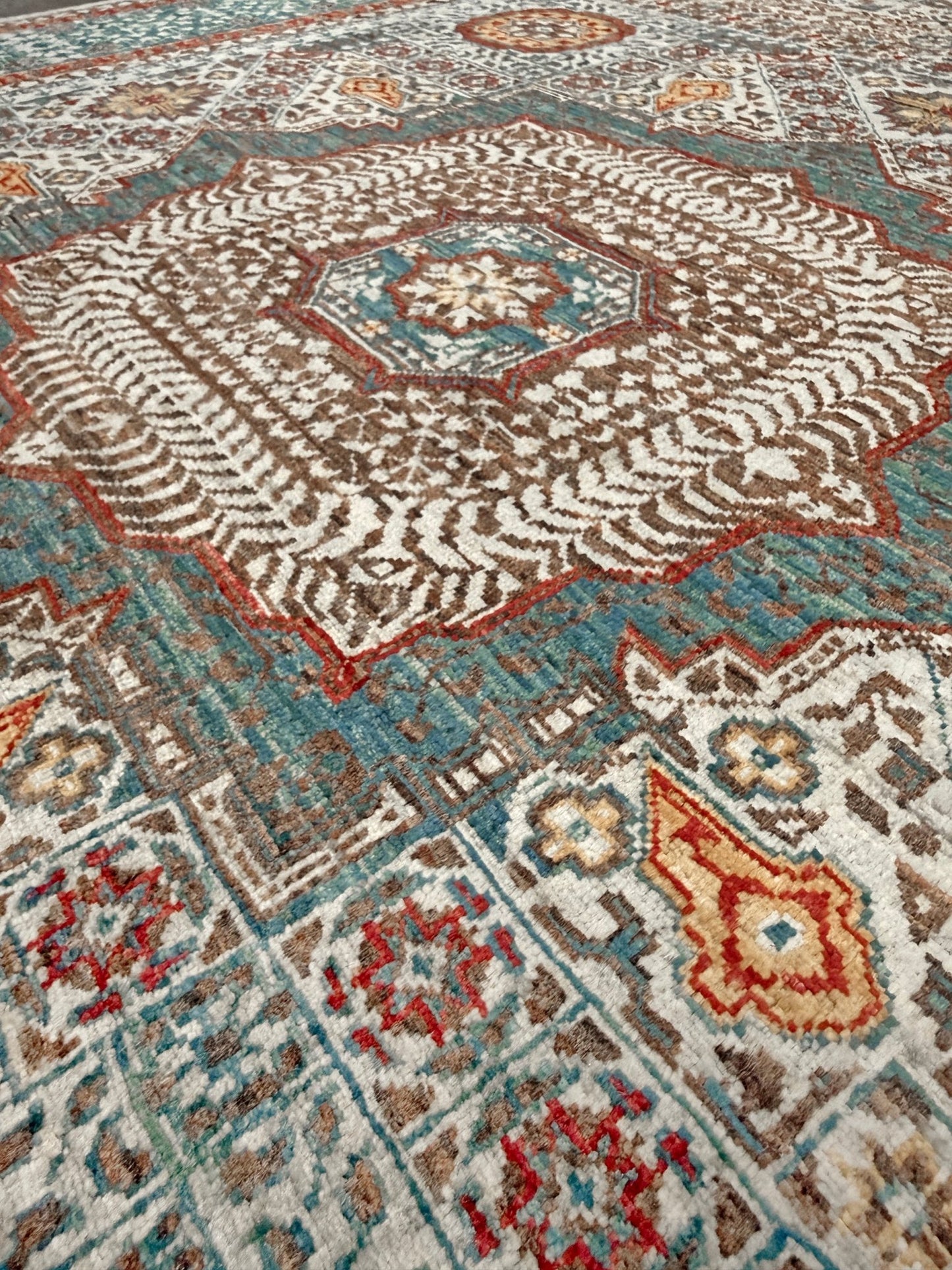 dusty teal 40x40 quality mamluk transitional handmade wool rug geometric medallion design warm ivory field 5x8 area rug indigo rugs san francisco bay area