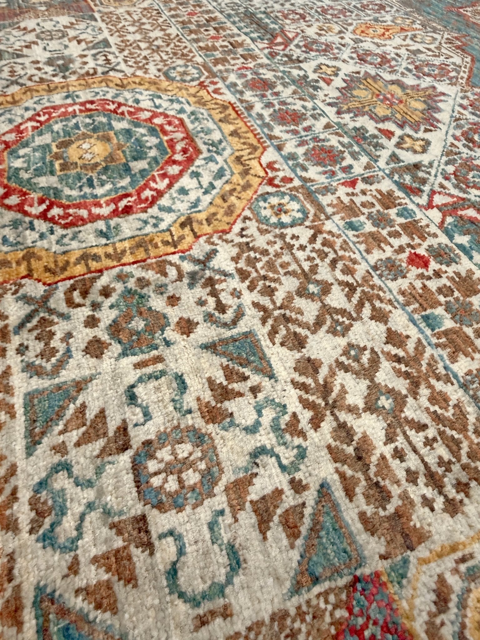 dusty teal 40x40 quality mamluk transitional handmade wool rug geometric medallion design warm ivory field 5x8 area rug indigo rugs san francisco bay area