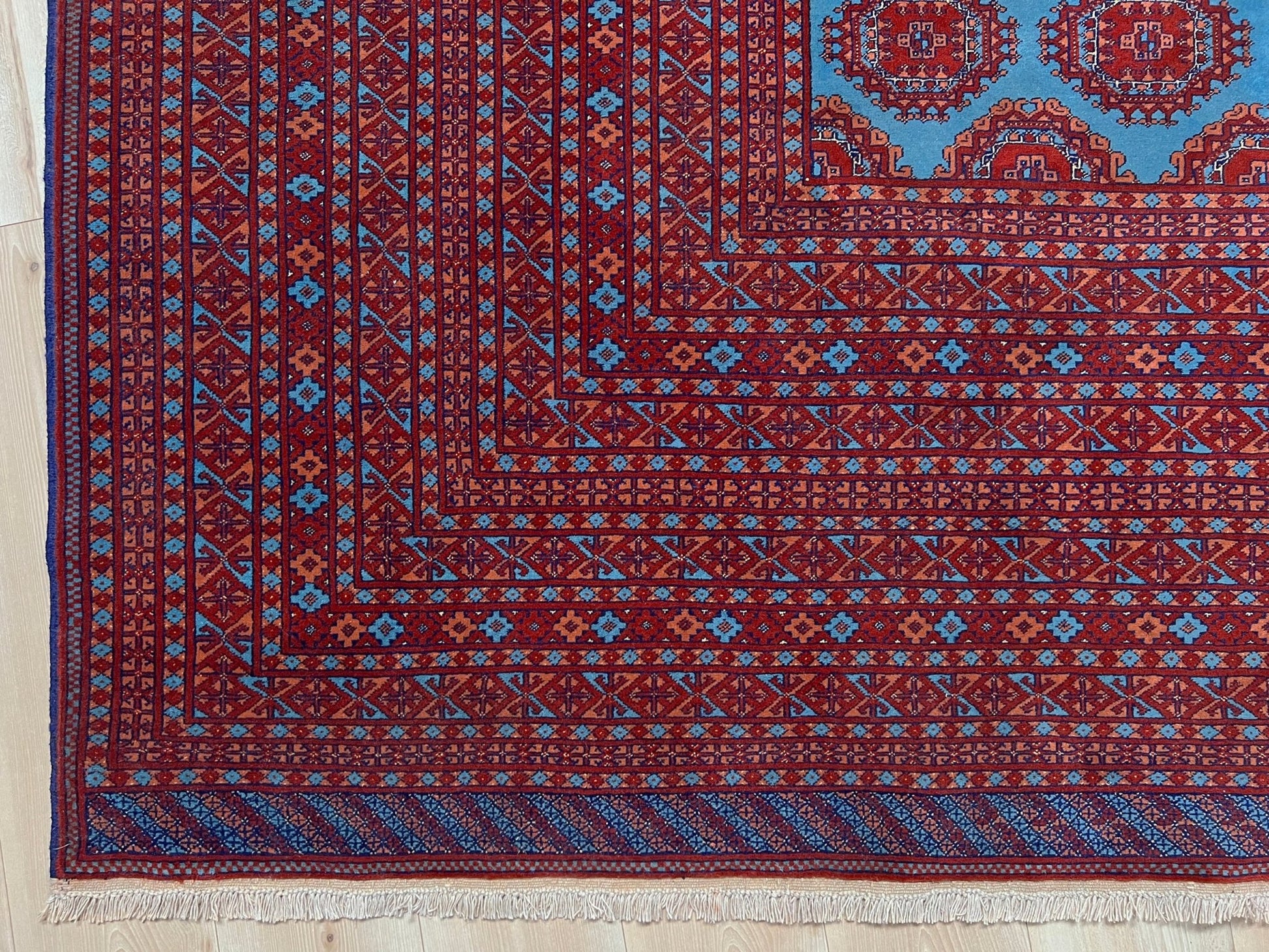 Blue bukhara turkmen rug. Luxury Handmade rug  shop palo alto. Oriental rug shop san francisco bay area.