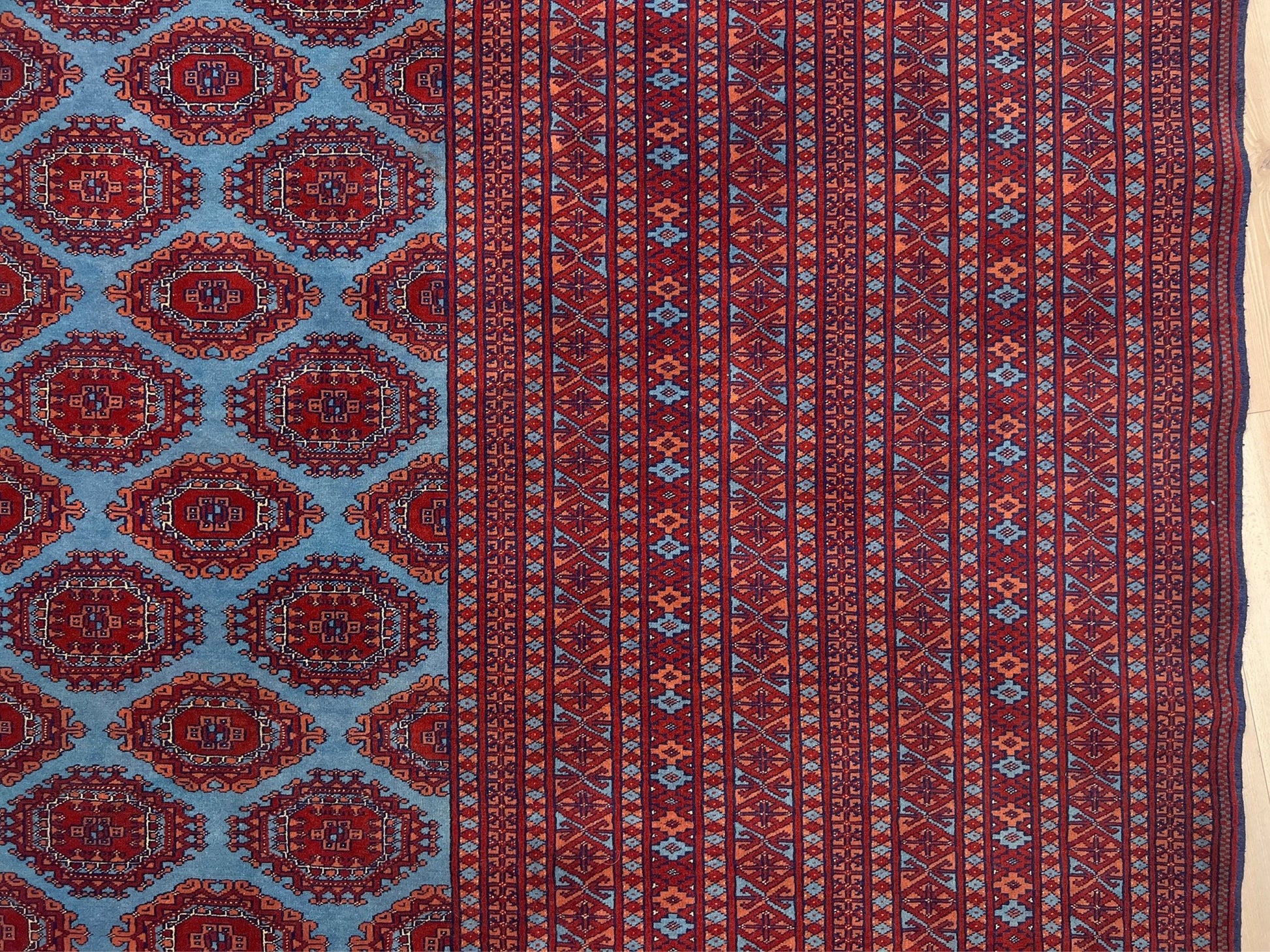 Blue bukhara turkmen rug. Luxury Handmade rug  shop palo alto. Oriental rug shop san francisco bay area.