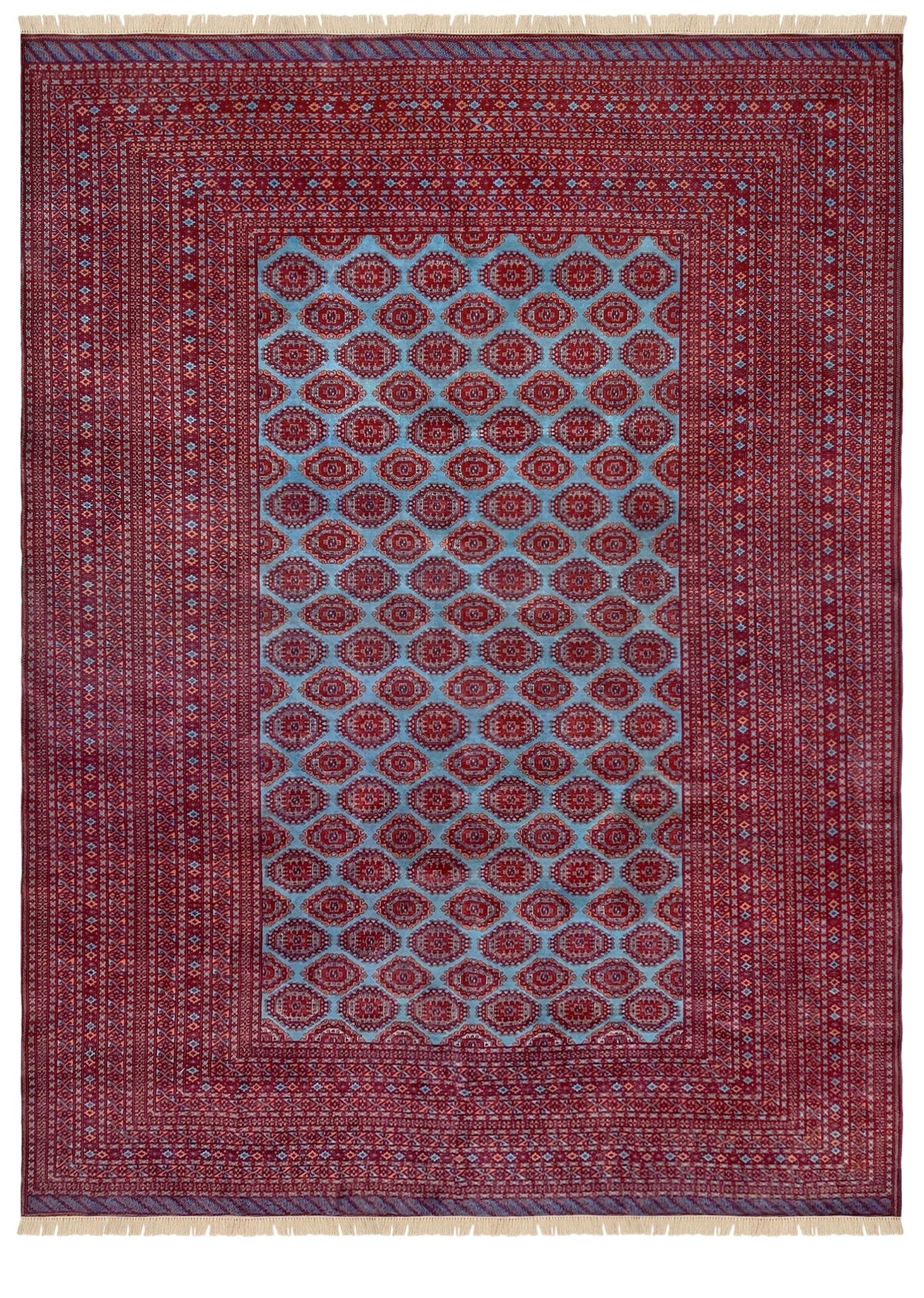 Vintage Uzbek Bukhara rug with sky blue field and repeating brick red gul motifs, navy borders, large handmade merino wool area rug 10x14 with velvety pile from Indigo Rugs Burlingame Bay Area