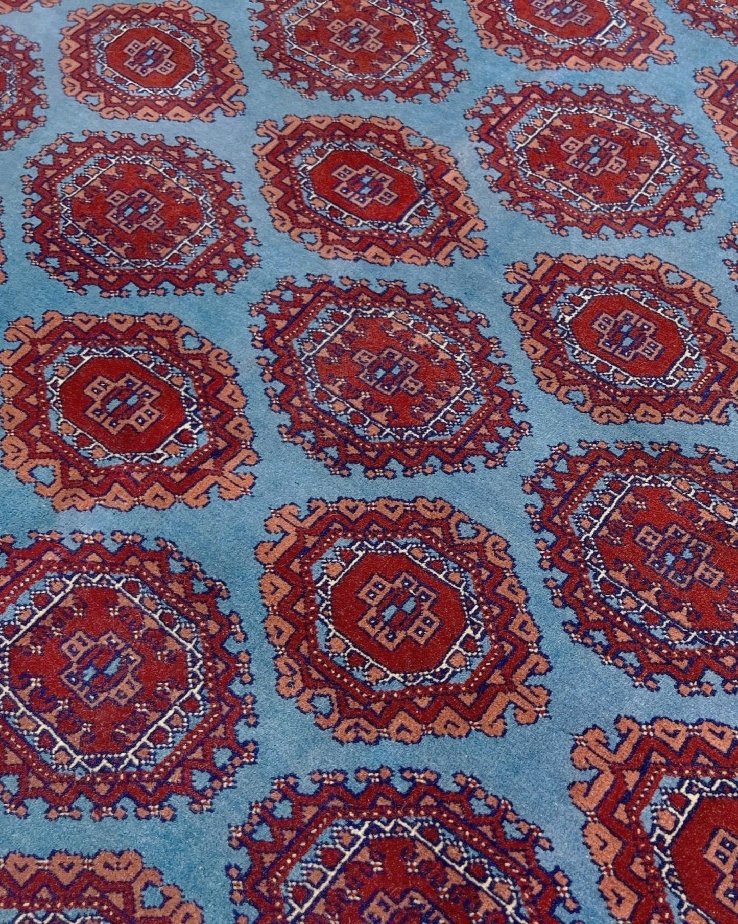 Sky Blue Uzbek Bukhara Vintage Rug • Traditional Handmade Merino Wool Carpet (9'8"x13')