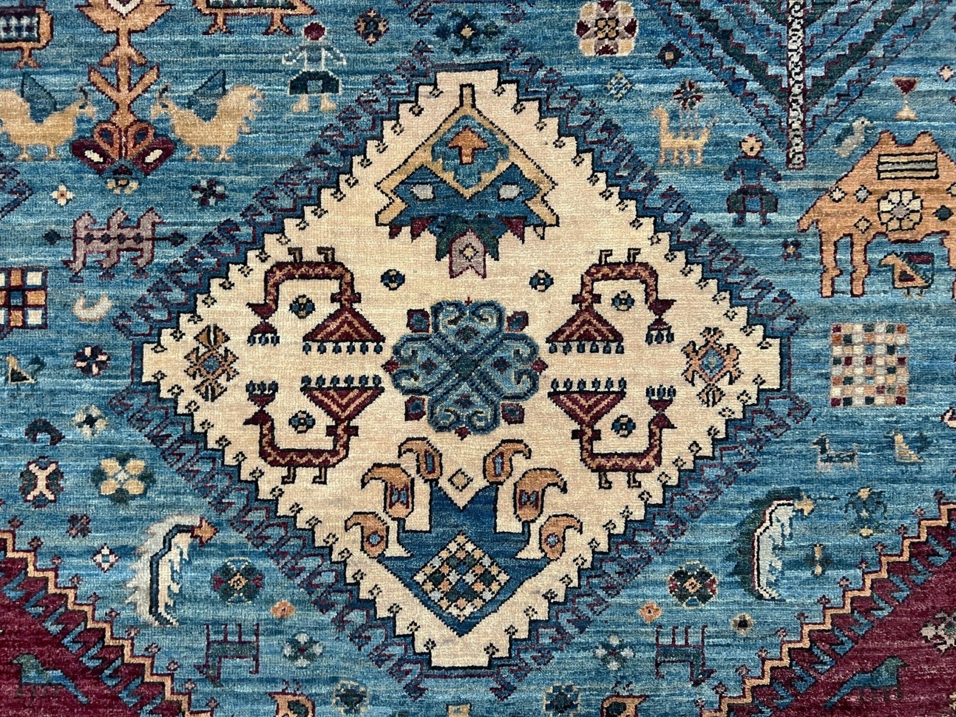 large handmade sky blue and deep maroon turkish rug 9x12 geometric medallion design transitional tribal wool rug soft pile indigo rugs burlingame san francisco bay area