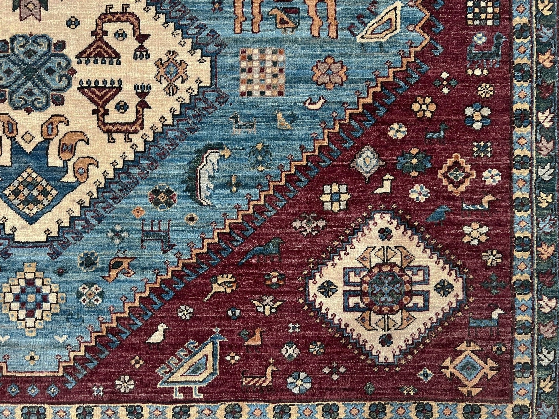 large handmade sky blue and deep maroon turkish rug 9x12 geometric medallion design transitional tribal wool rug soft pile indigo rugs burlingame san francisco bay area