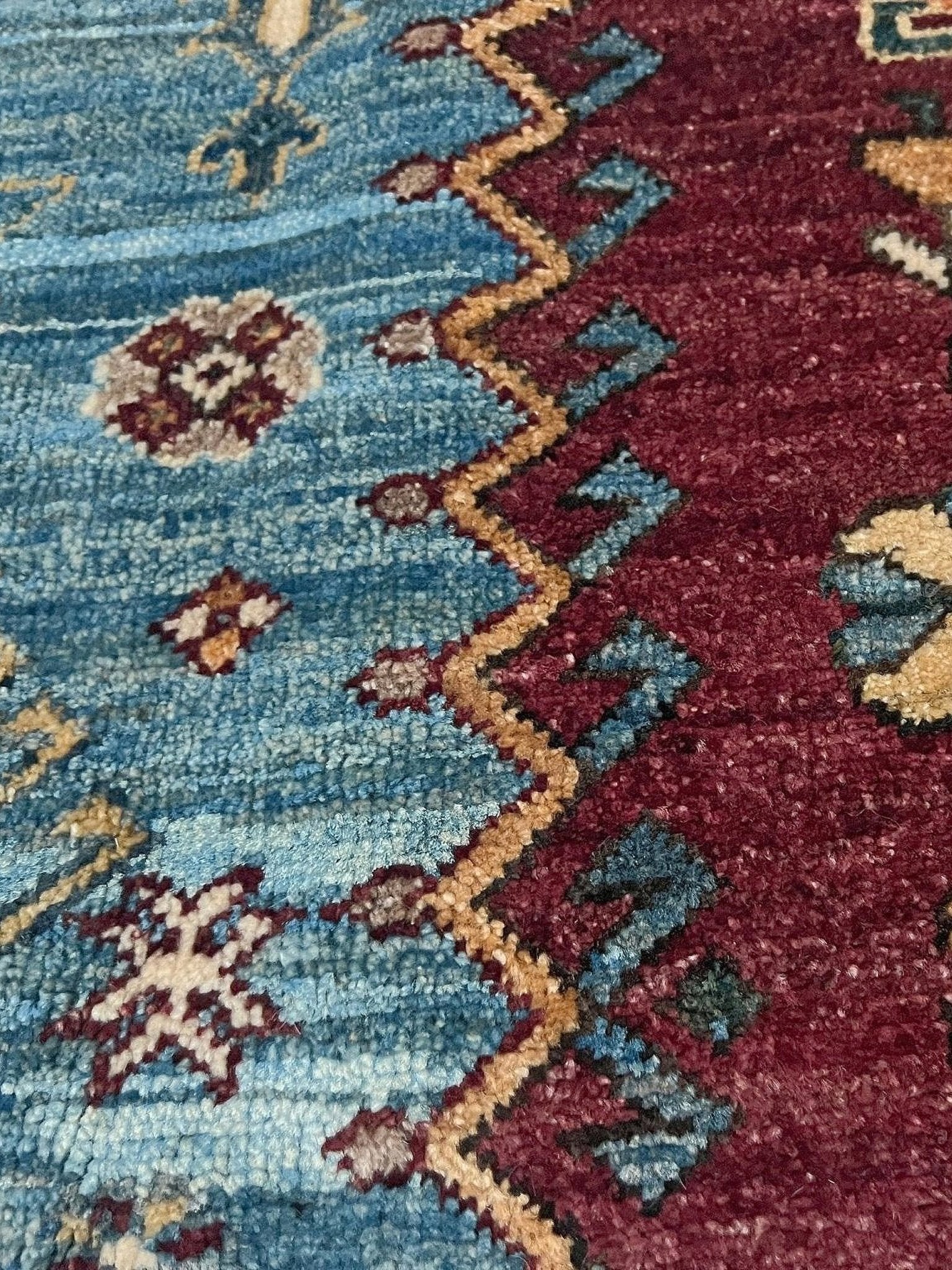 large handmade sky blue and deep maroon turkish rug 9x12 geometric medallion design transitional tribal wool rug soft pile indigo rugs burlingame san francisco bay area