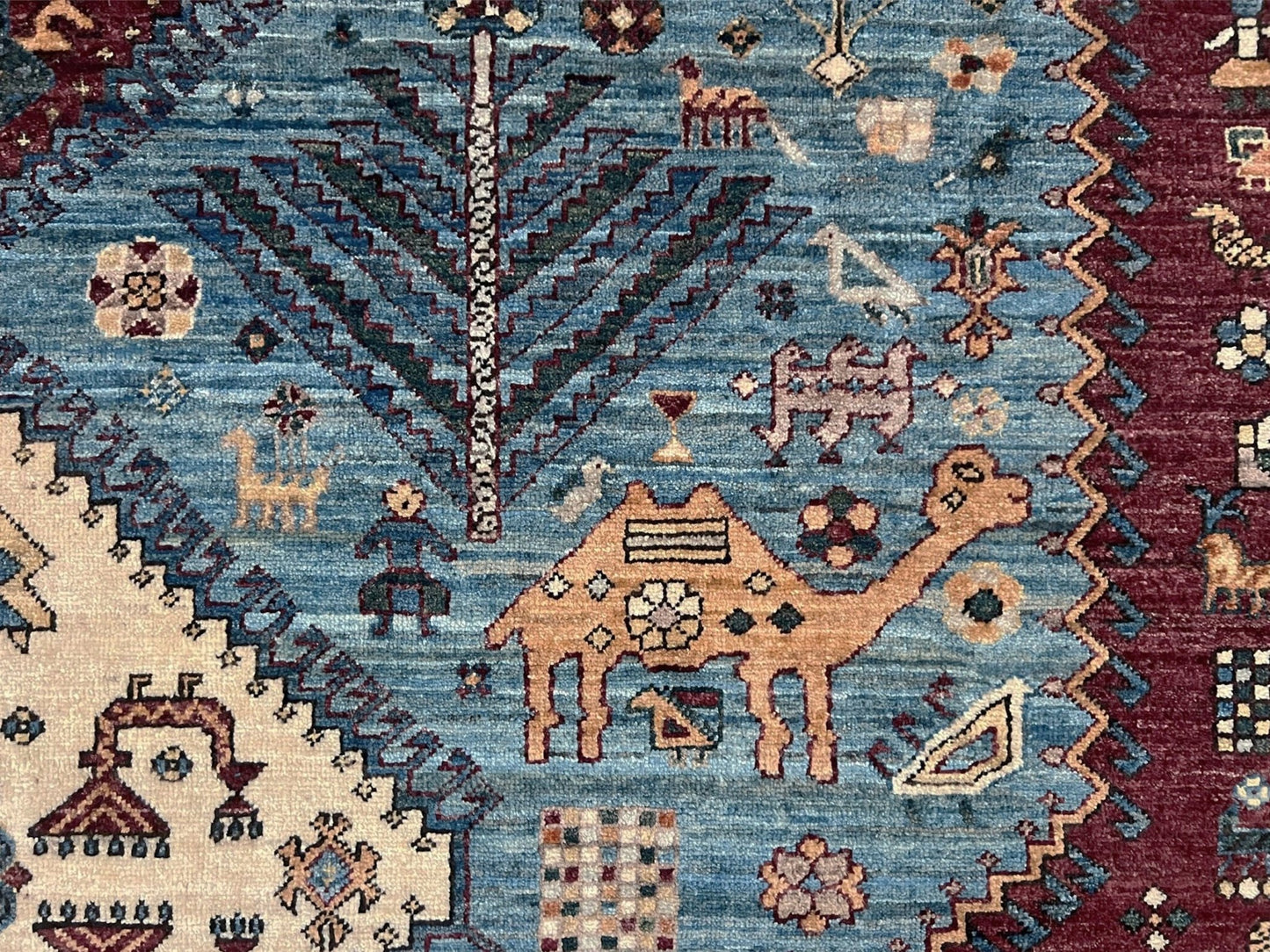 large handmade sky blue and deep maroon turkish rug 9x12 geometric medallion design transitional tribal wool rug soft pile indigo rugs burlingame san francisco bay area