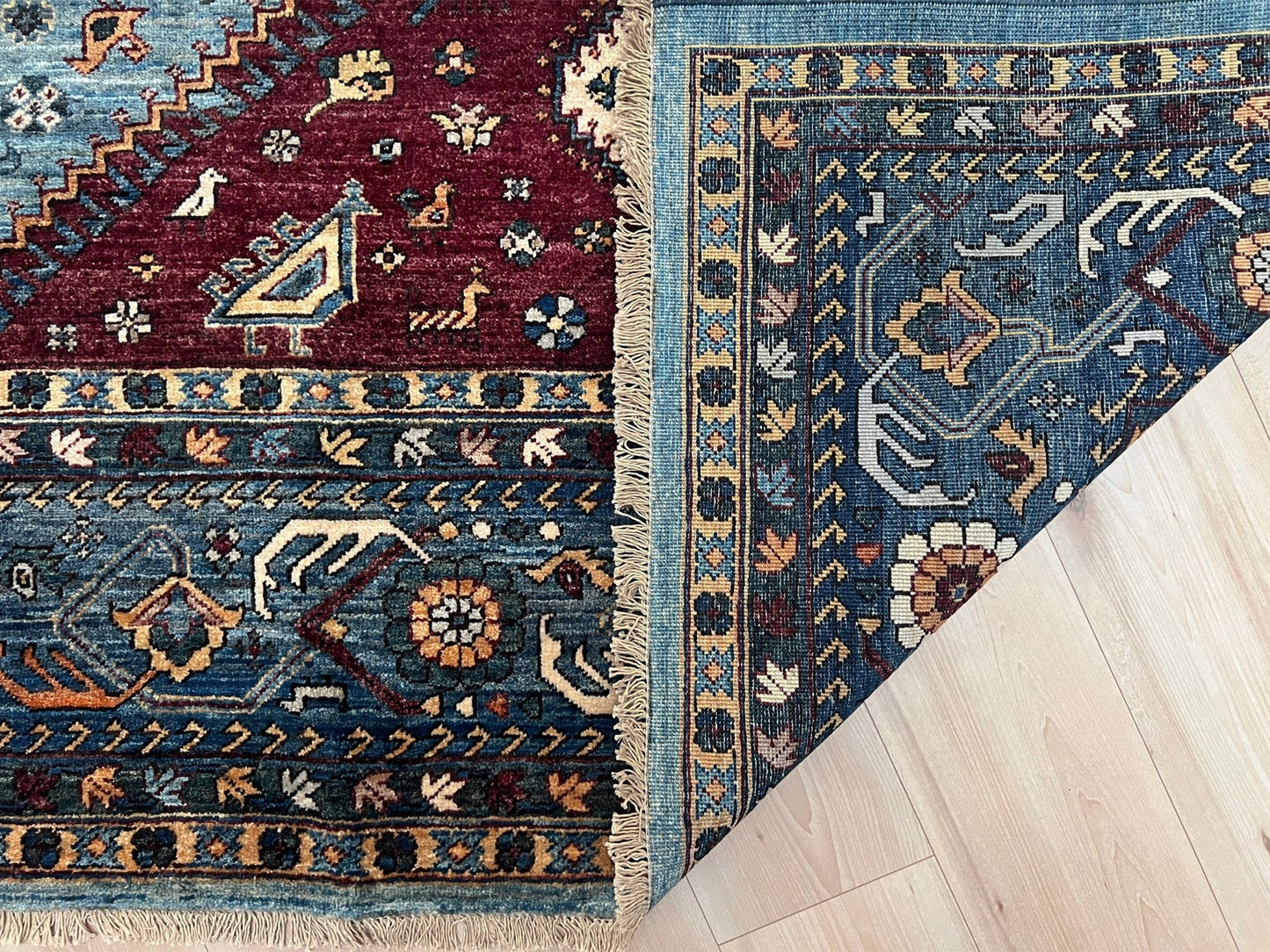 large handmade sky blue and deep maroon turkish rug 9x12 geometric medallion design transitional tribal wool rug soft pile indigo rugs burlingame san francisco bay area