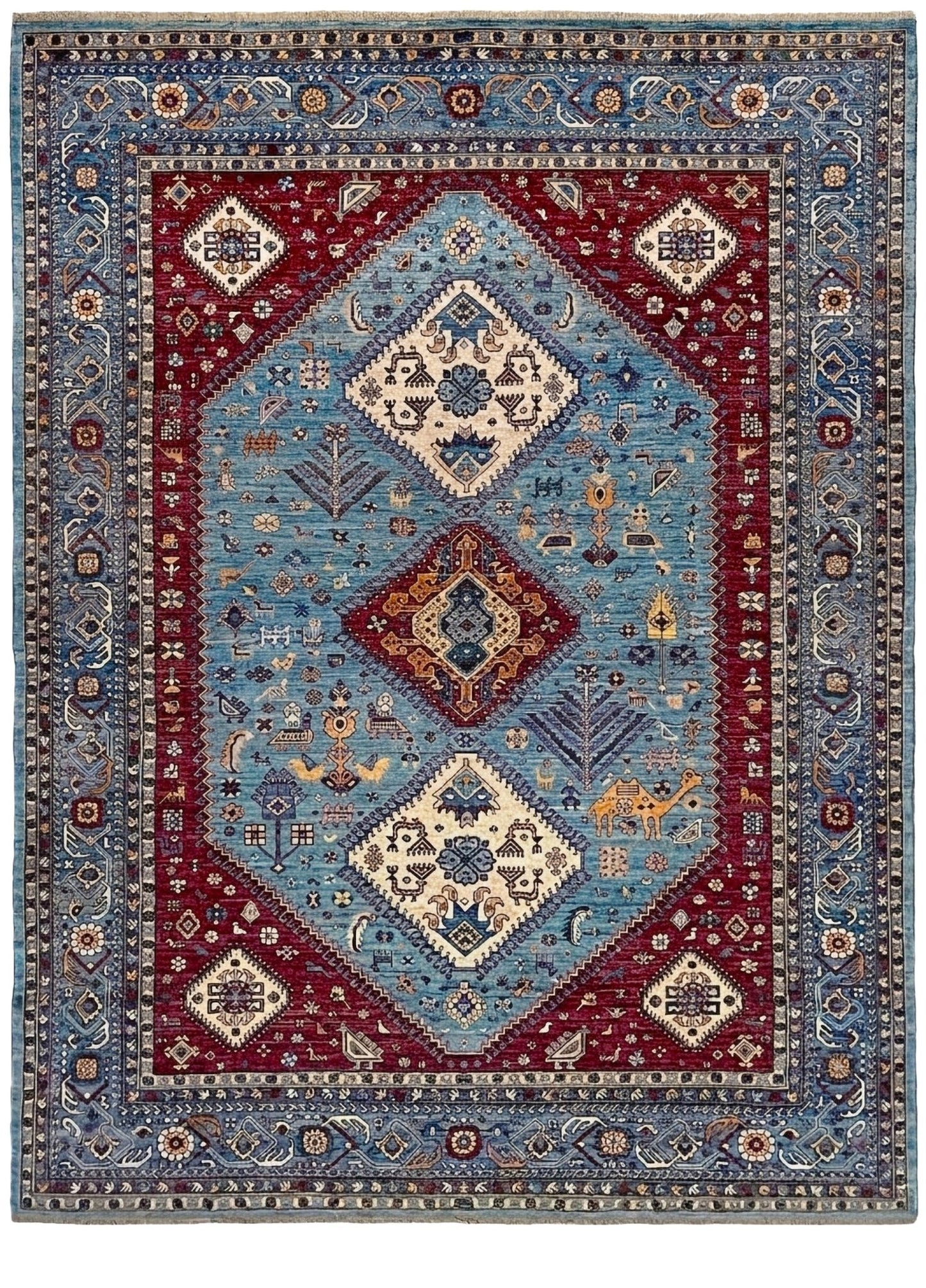 Decorative rug with geometric pattern in blue, red, and beige on a dark background. large handmade sky blue and deep maroon turkish rug 9x12 geometric medallion design transitional tribal wool rug soft pile indigo rugs san francisco bay area