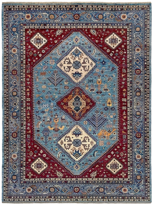 Decorative rug with geometric pattern in blue, red, and beige on a dark background. large handmade sky blue and deep maroon turkish rug 9x12 geometric medallion design transitional tribal wool rug soft pile indigo rugs san francisco bay area
