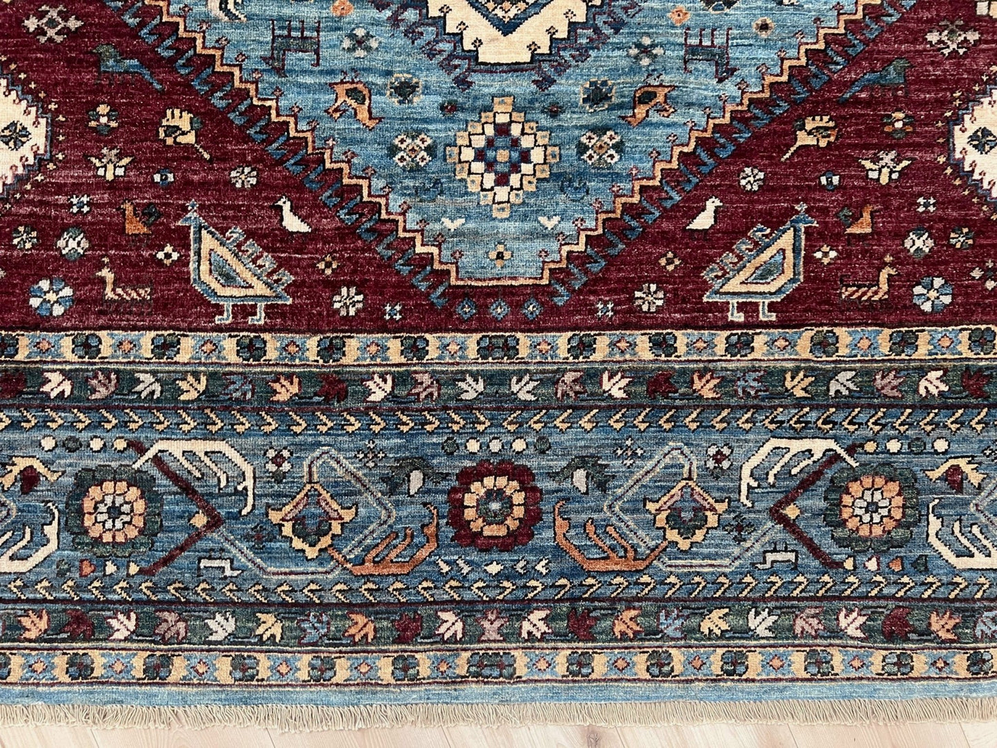 large handmade sky blue and deep maroon turkish rug 9x12 geometric medallion design transitional tribal wool rug soft pile indigo rugs burlingame san francisco bay area