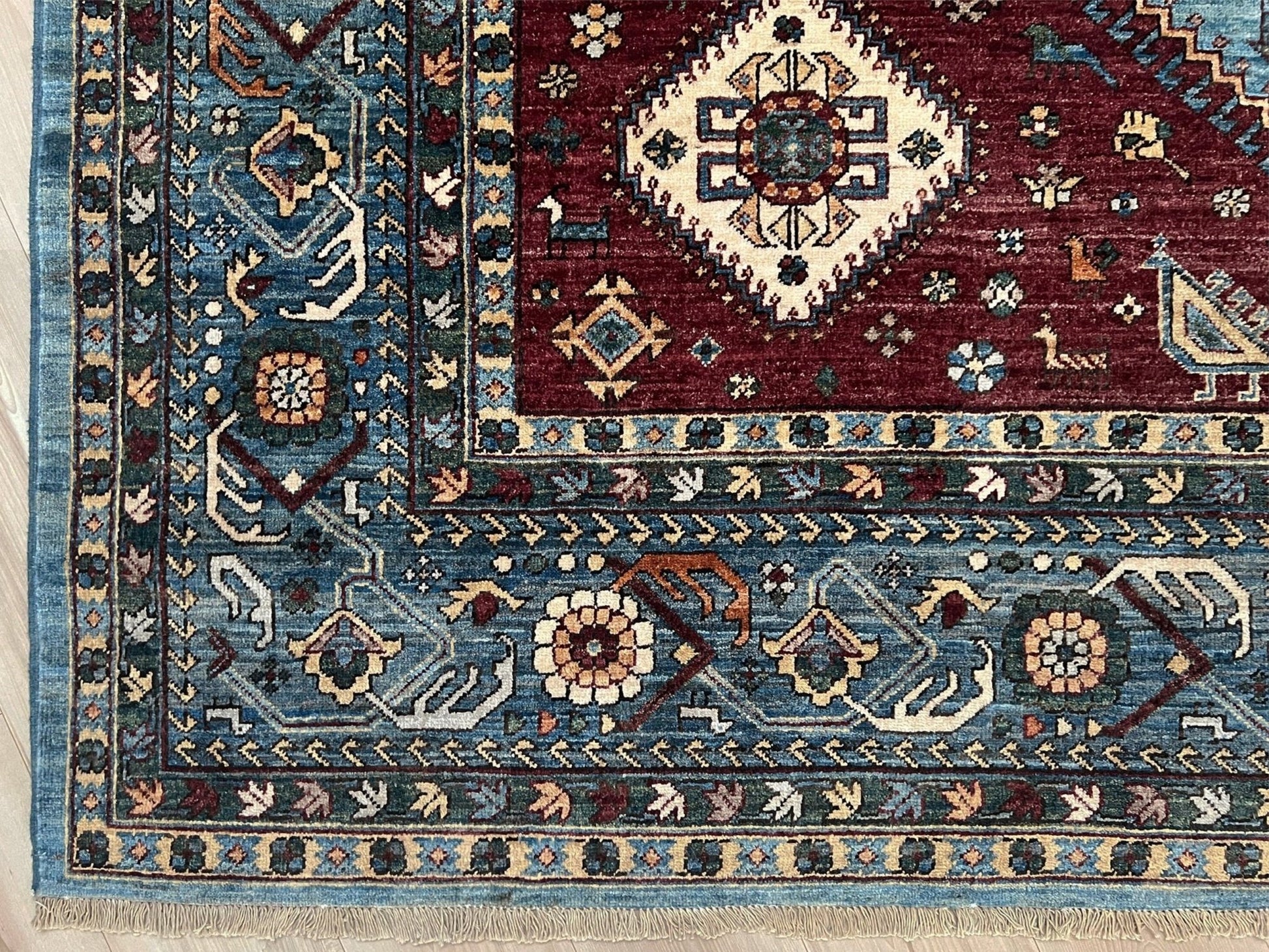 large handmade sky blue and deep maroon turkish rug 9x12 geometric medallion design transitional tribal wool rug soft pile indigo rugs burlingame san francisco bay area
