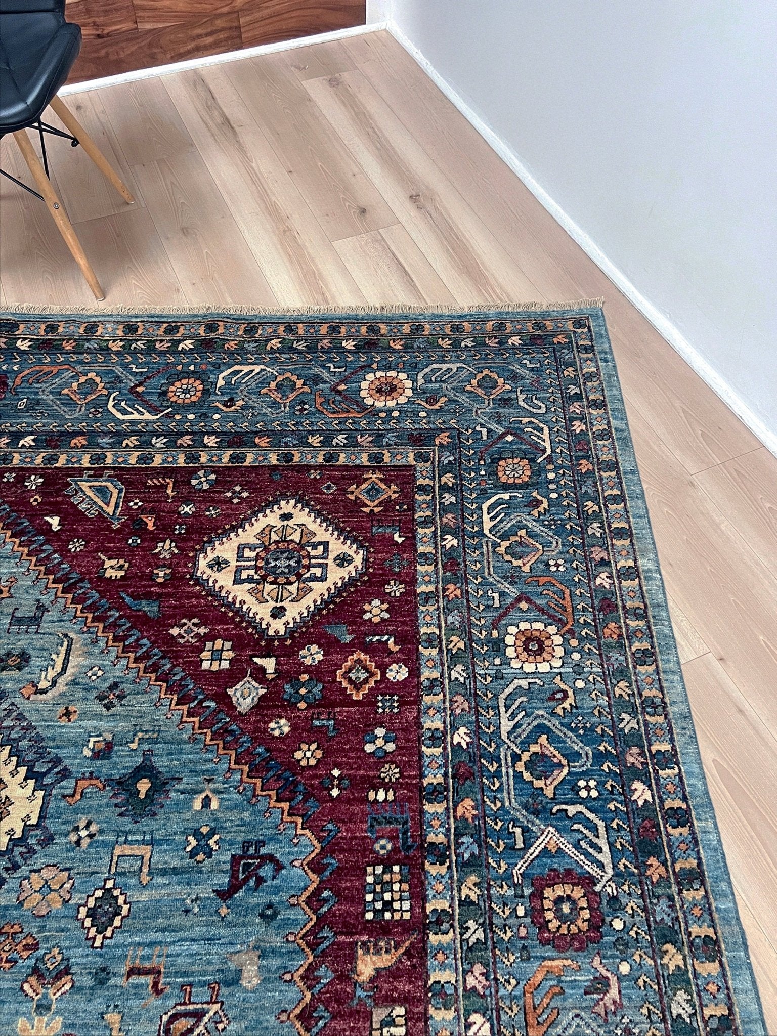 large handmade sky blue and deep maroon turkish rug 9x12 geometric medallion design transitional tribal wool rug soft pile indigo rugs burlingame san francisco bay area