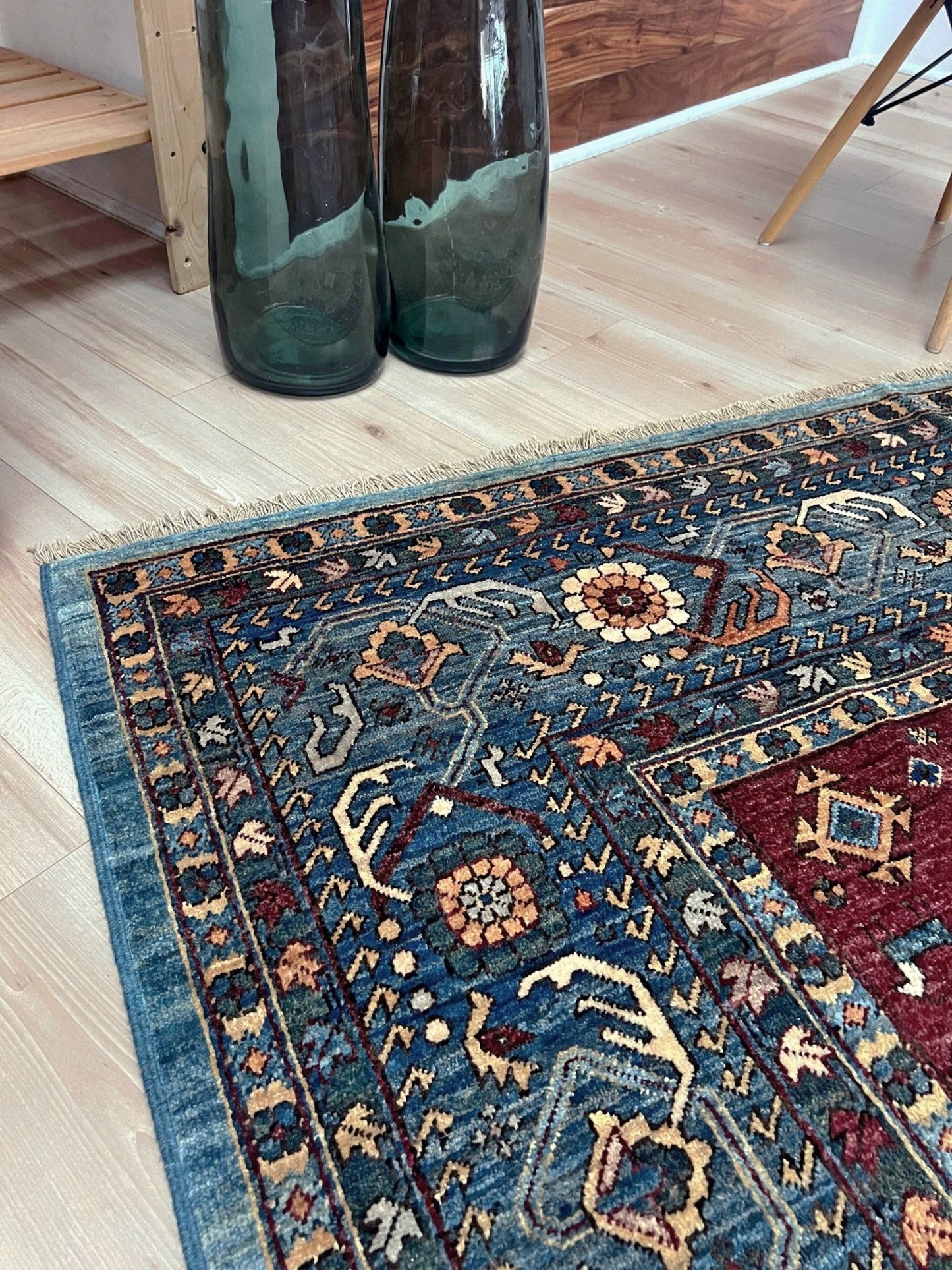 large handmade sky blue and deep maroon turkish rug 9x12 geometric medallion design transitional tribal wool rug soft pile indigo rugs burlingame san francisco bay area