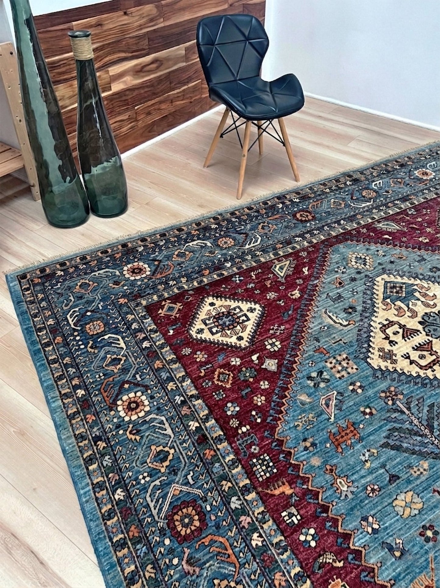 large handmade sky blue and deep maroon turkish rug 9x12 geometric medallion design transitional tribal wool rug soft pile indigo rugs burlingame san francisco bay area