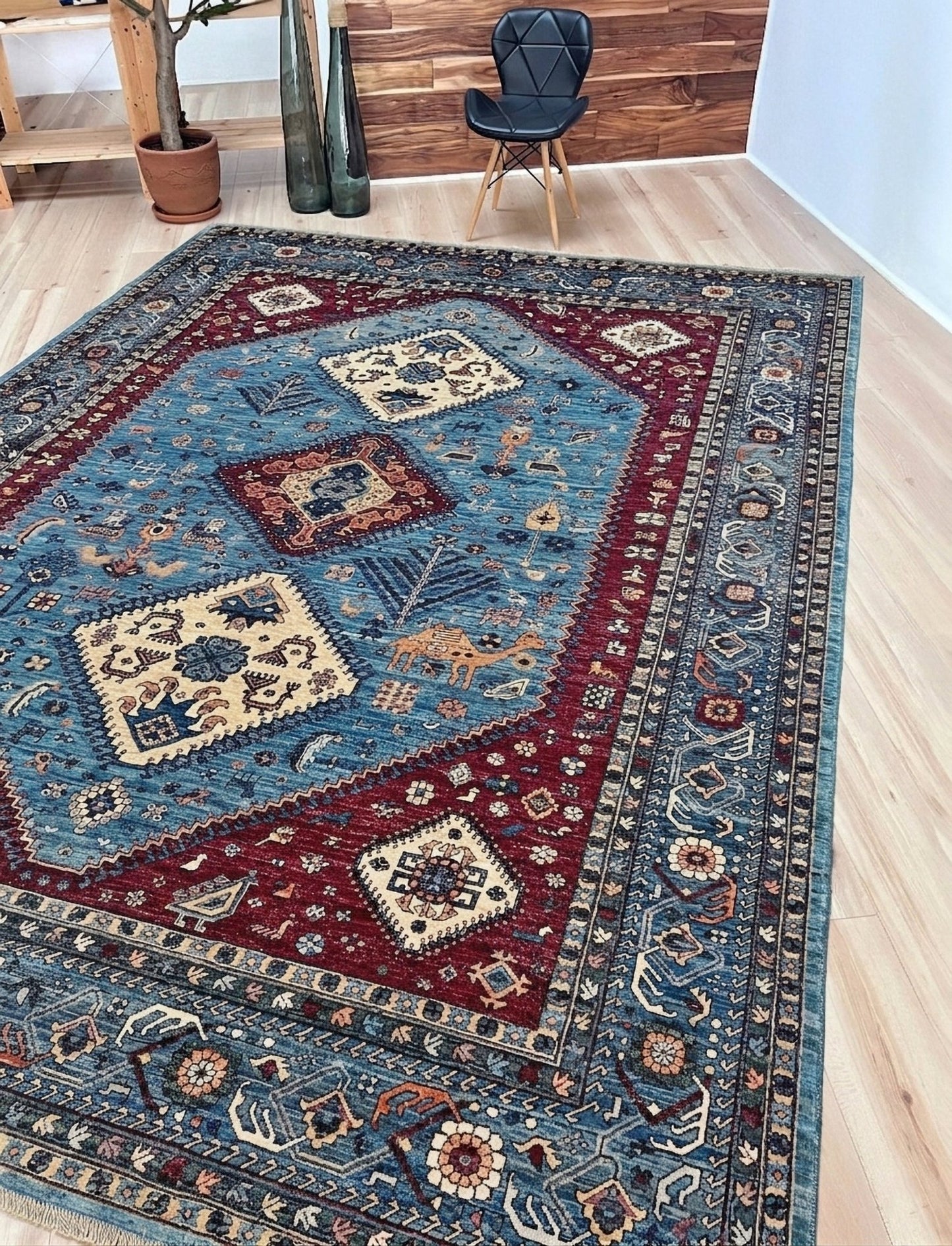 large handmade sky blue and deep maroon turkish rug 9x12 geometric medallion design transitional tribal wool rug soft pile indigo rugs burlingame san francisco bay area