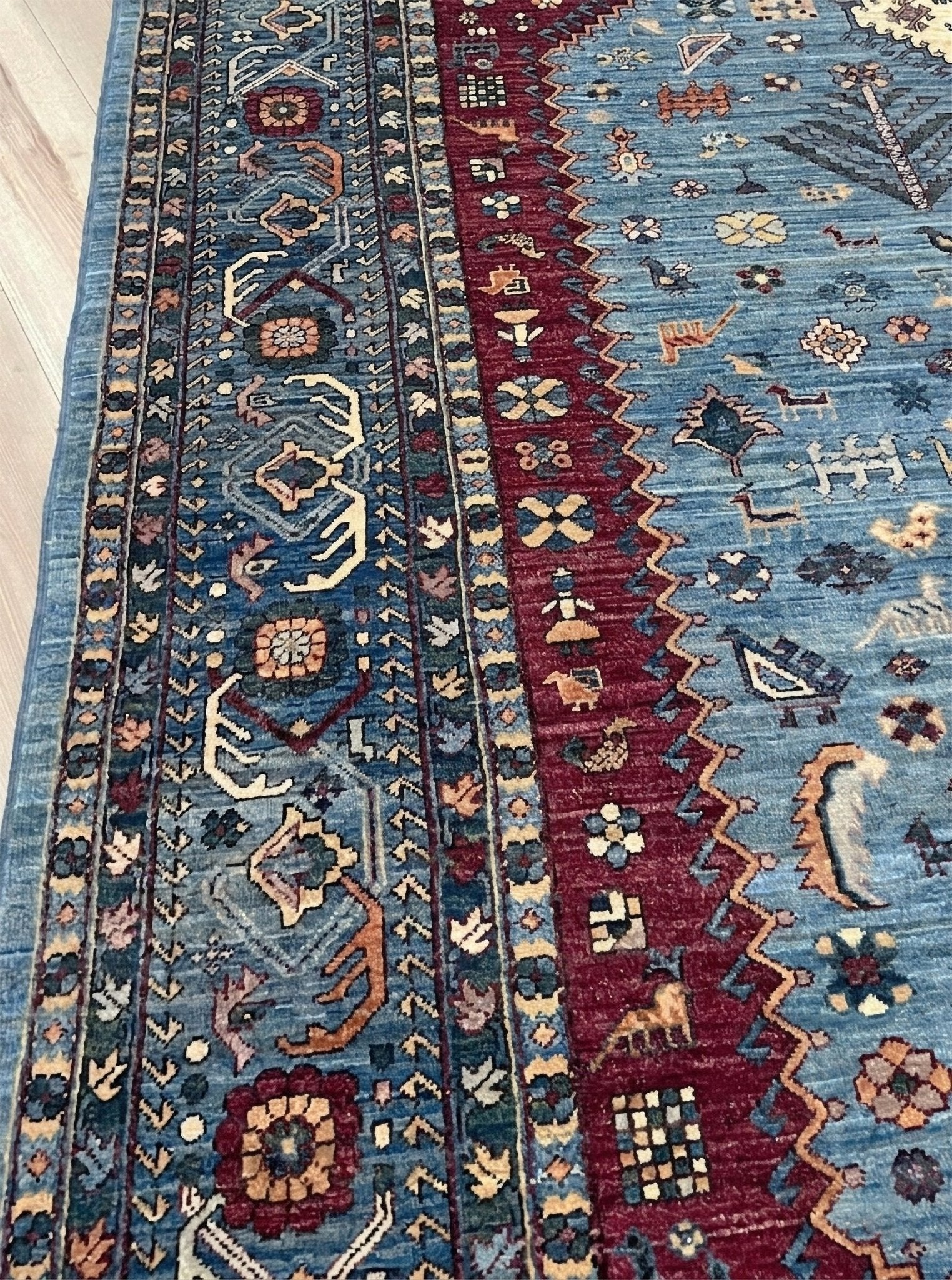 large handmade sky blue and deep maroon turkish rug 9x12 geometric medallion design transitional tribal wool rug soft pile indigo rugs burlingame san francisco bay area