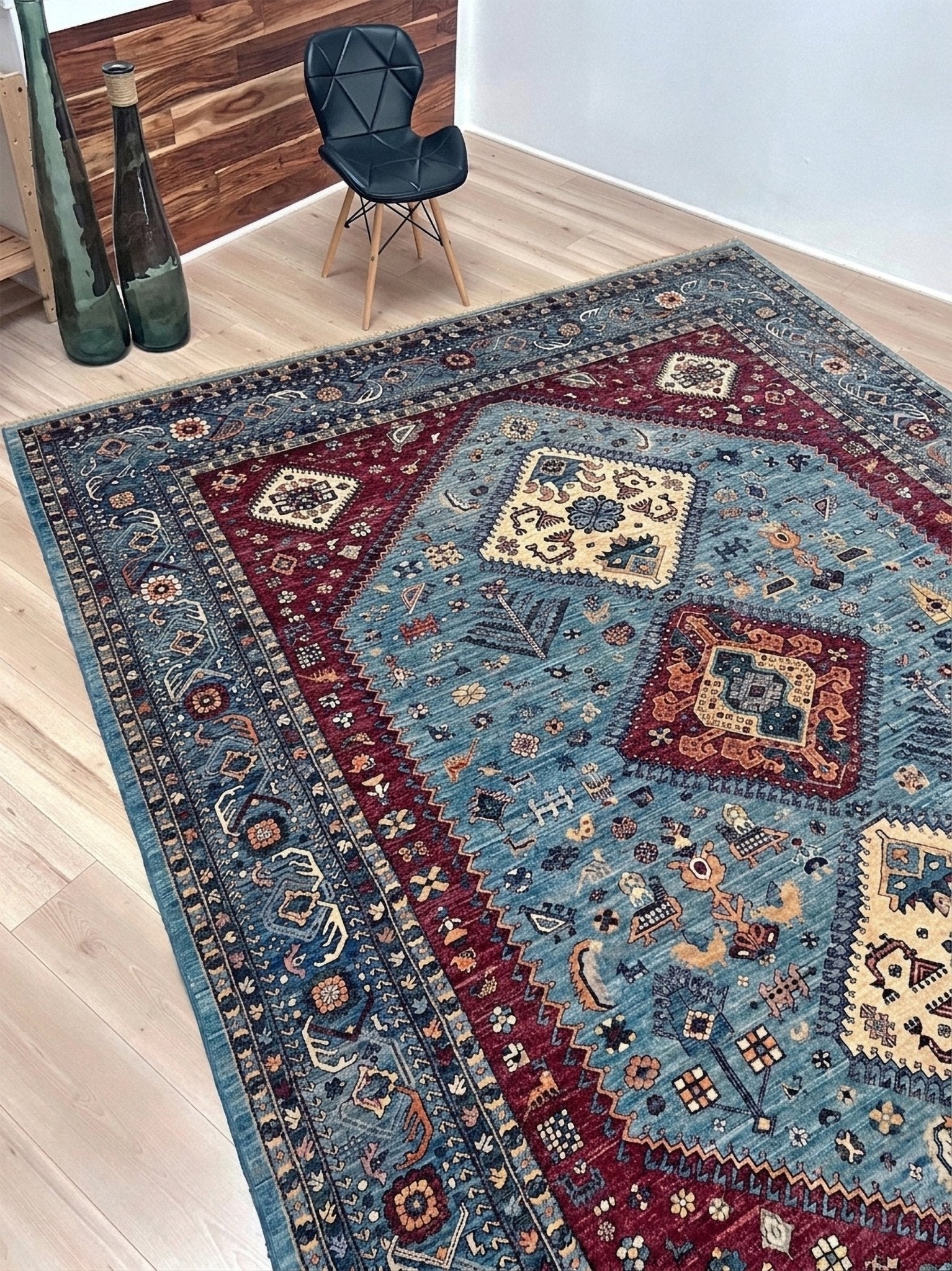 large handmade sky blue and deep maroon turkish rug 9x12 geometric medallion design transitional tribal wool rug soft pile indigo rugs burlingame san francisco bay area