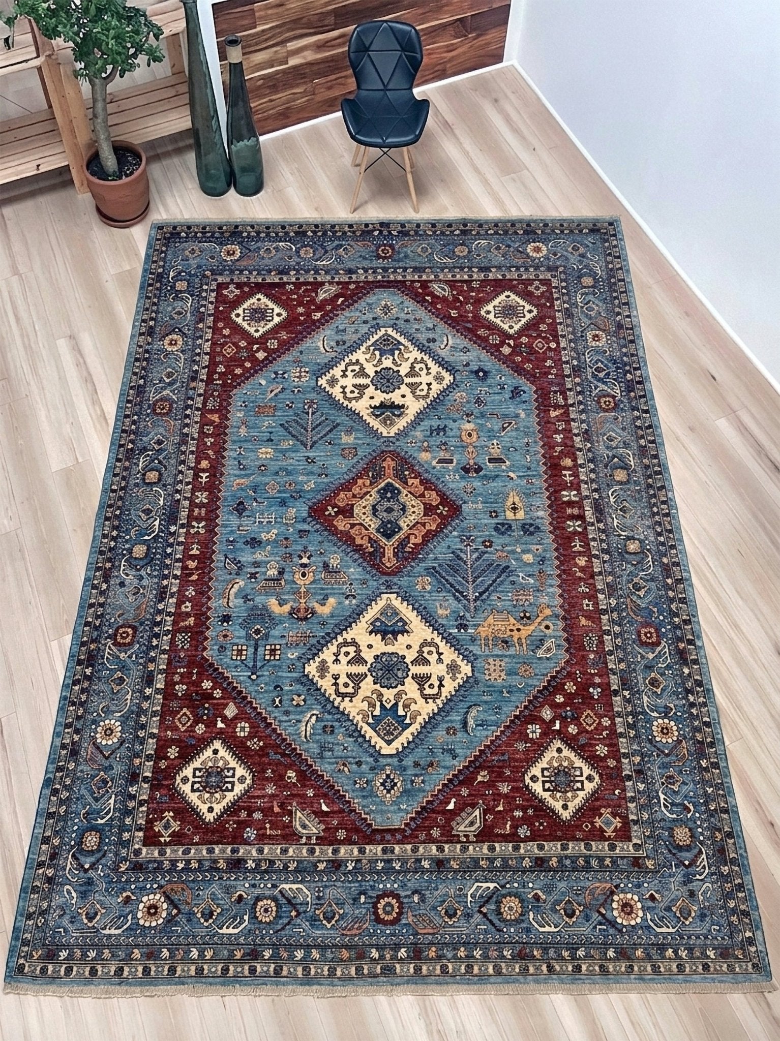 large handmade sky blue and deep maroon turkish rug 9x12 geometric medallion design transitional tribal wool rug soft pile indigo rugs burlingame san francisco bay area