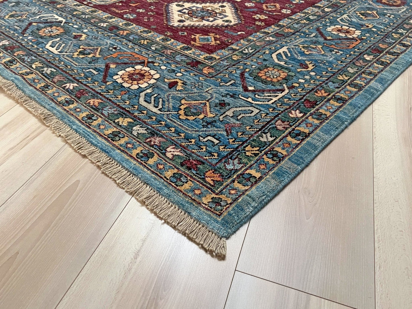 large handmade sky blue and deep maroon turkish rug 9x12 geometric medallion design transitional tribal wool rug soft pile indigo rugs burlingame san francisco bay area