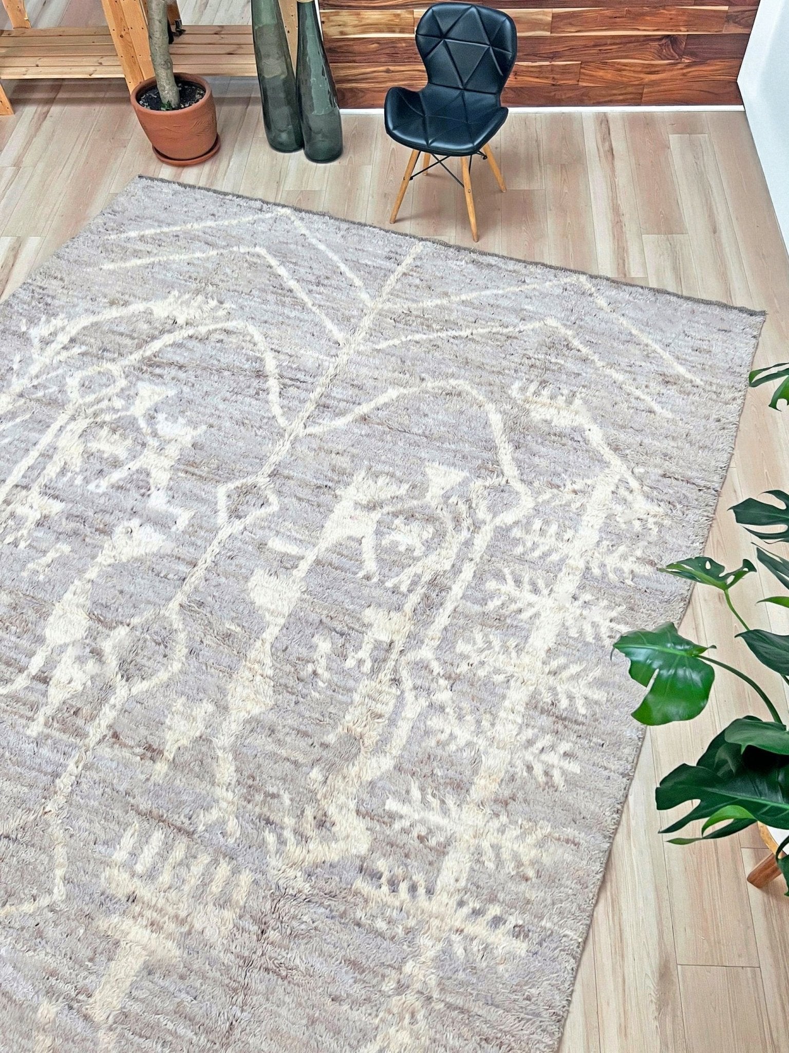 Large neutral Moroccan shag rug 9x12 with high wool pile in ivory and soft taupe tones, minimalist geometric pattern, plush texture ideal for modern living rooms and bedrooms, Indigo Rugs Bay Area