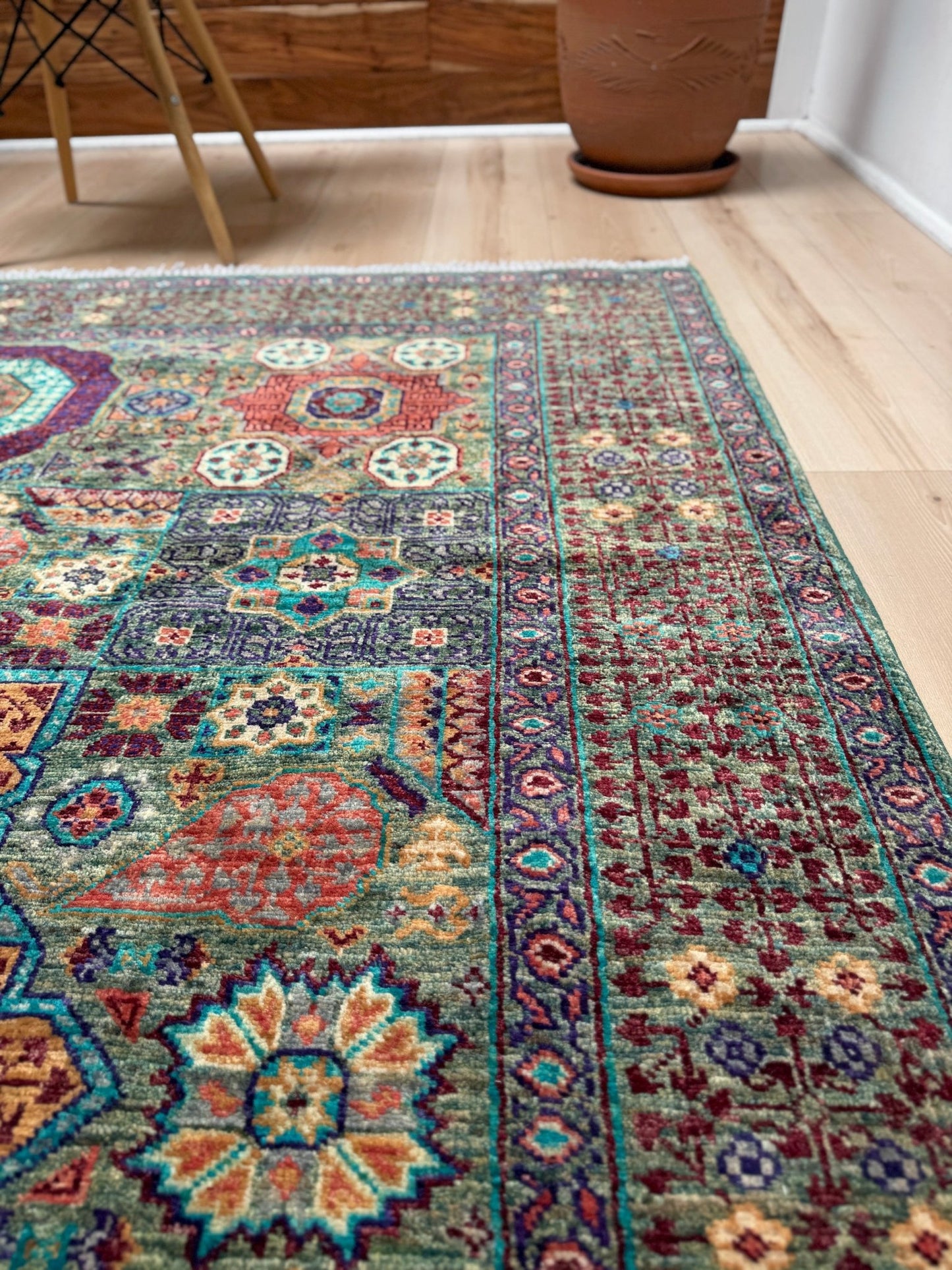 Handmade 6x8 Mamluk rug featuring a sage green field with terracotta, turquoise, navy, coral, and plum motifs, perfect for living room, bedroom, kitchen, or dining room. Ideal for traditional, eclectic, bohemian, or transitional home decor styles. From the best rug shop in Burlingame, SF Bay Area—free shipping available.
