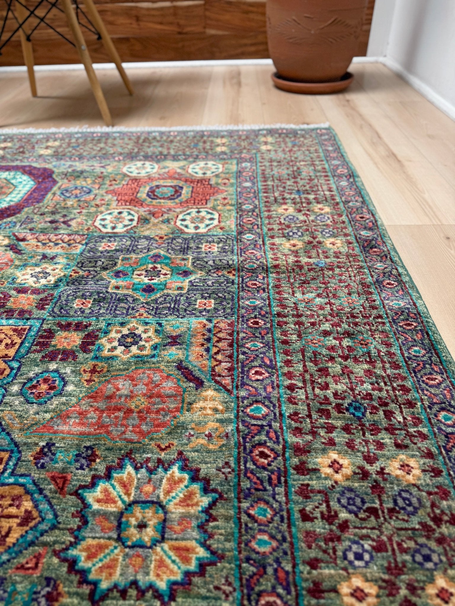 Handmade 6x8 Mamluk rug featuring a sage green field with terracotta, turquoise, navy, coral, and plum motifs, perfect for living room, bedroom, kitchen, or dining room. Ideal for traditional, eclectic, bohemian, or transitional home decor styles. From the best rug shop in Burlingame, SF Bay Area—free shipping available.