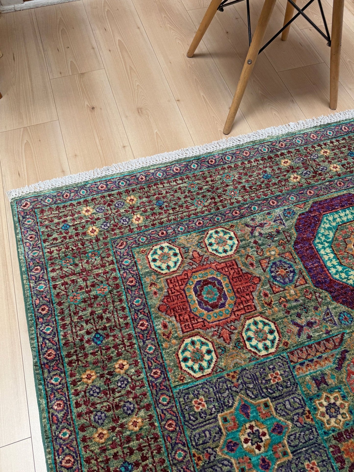 Handmade 6x8 Mamluk rug featuring a sage green field with terracotta, turquoise, navy, coral, and plum motifs, perfect for living room, bedroom, kitchen, or dining room. Ideal for traditional, eclectic, bohemian, or transitional home decor styles. From the best rug shop in Burlingame, SF Bay Area—free shipping available.