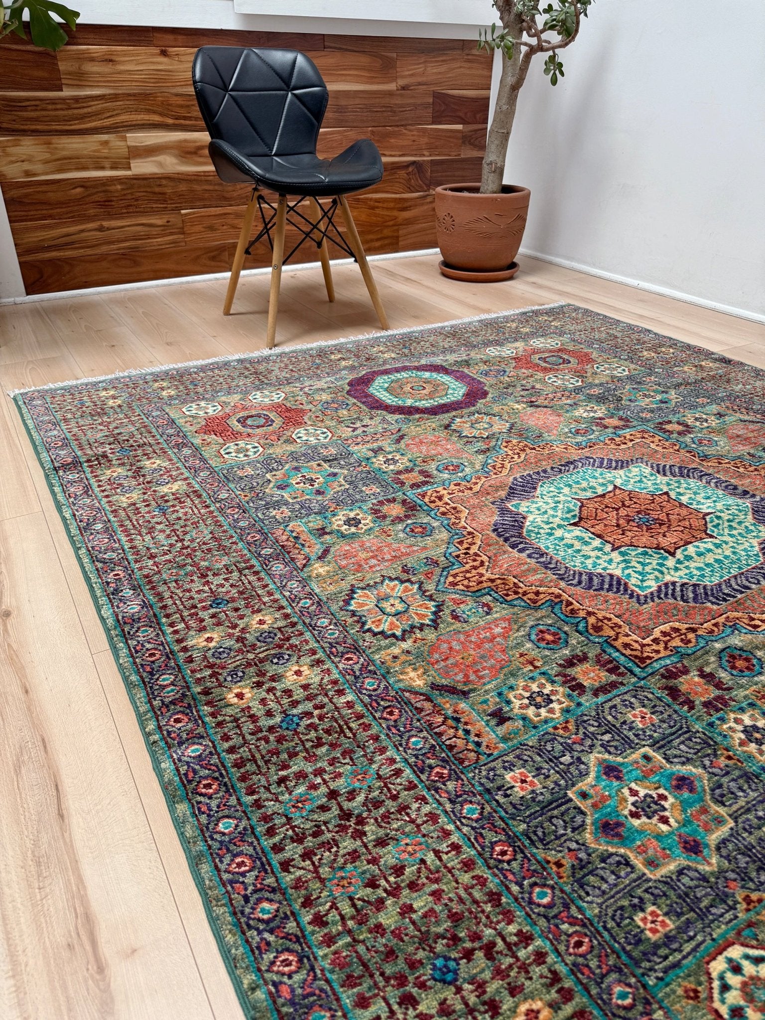 Handmade 6x8 Mamluk rug featuring a sage green field with terracotta, turquoise, navy, coral, and plum motifs, perfect for living room, bedroom, kitchen, or dining room. Ideal for traditional, eclectic, bohemian, or transitional home decor styles. From the best rug shop in Burlingame, SF Bay Area—free shipping available.