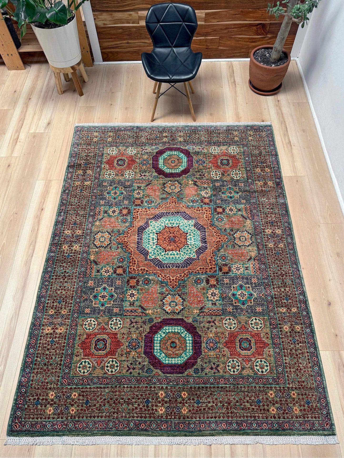 Handmade 6x8 Mamluk rug featuring a sage green field with terracotta, turquoise, navy, coral, and plum motifs, perfect for living room, bedroom, kitchen, or dining room. Ideal for traditional, eclectic, bohemian, or transitional home decor styles. From the best rug shop in Burlingame, SF Bay Area—free shipping available.