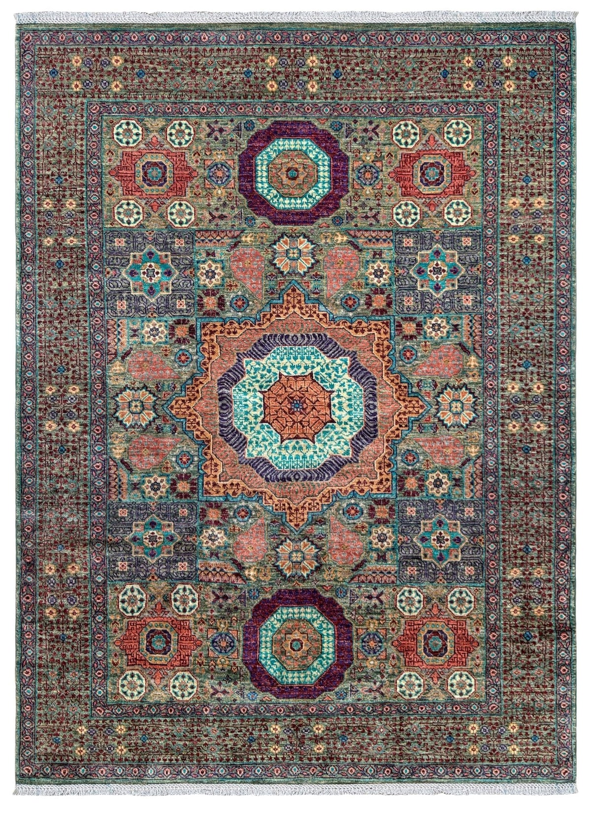 Handmade 6x8 Mamluk rug with a sage green field with terracotta, turquoise, navy, coral, and plum motifs, perfect for living room, bedroom, kitchen, or dining room. The best rug shop in Burlingame, SF Bay Area.