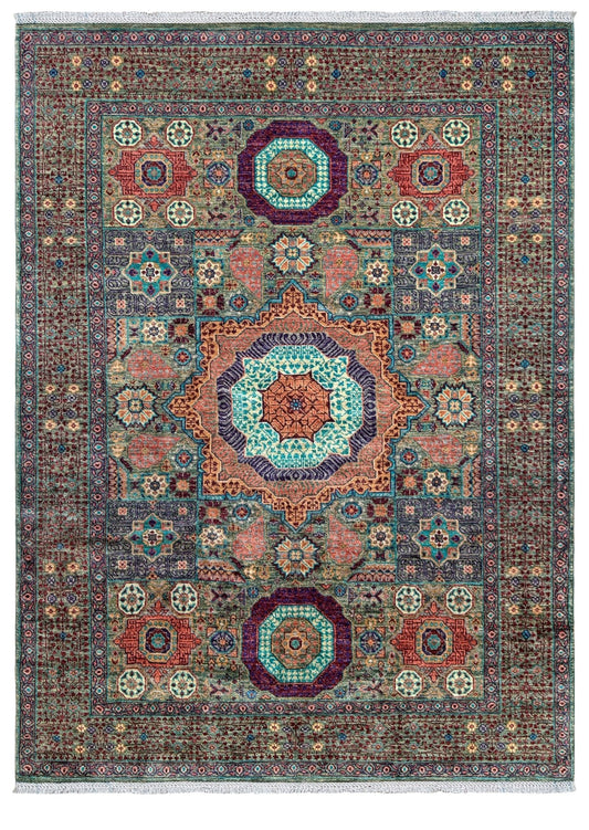 Handmade 6x8 Mamluk rug with a sage green field with terracotta, turquoise, navy, coral, and plum motifs, perfect for living room, bedroom, kitchen, or dining room. The best rug shop in Burlingame, SF Bay Area.