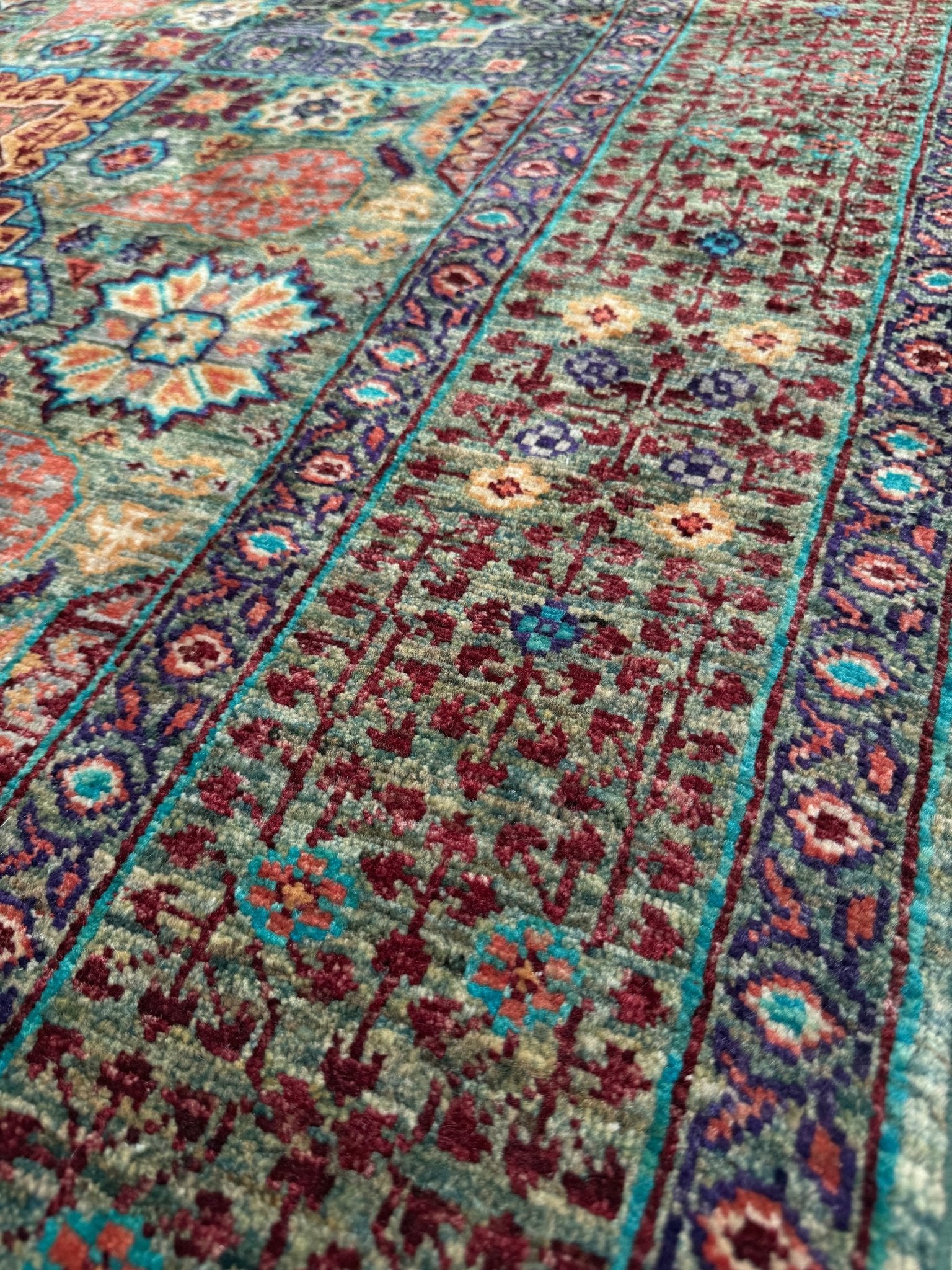 Handmade 6x8 Mamluk rug featuring a sage green field with terracotta, turquoise, navy, coral, and plum motifs, perfect for living room, bedroom, kitchen, or dining room. Ideal for traditional, eclectic, bohemian, or transitional home decor styles. From the best rug shop in Burlingame, SF Bay Area—free shipping available.