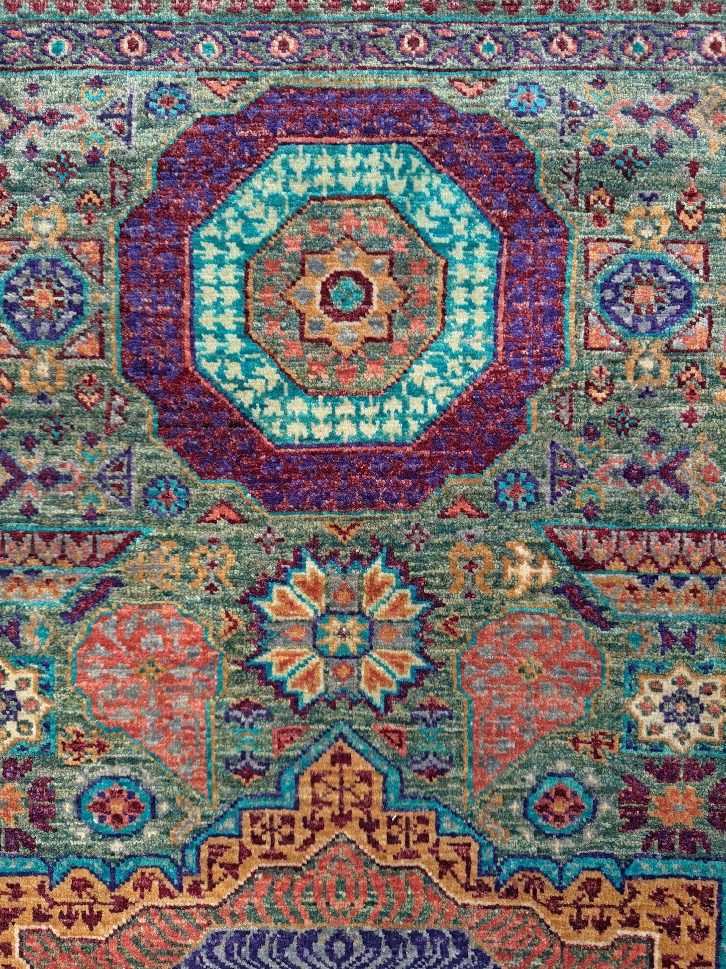 Handmade 6x8 Mamluk rug featuring a sage green field with terracotta, turquoise, navy, coral, and plum motifs, perfect for living room, bedroom, kitchen, or dining room. Ideal for traditional, eclectic, bohemian, or transitional home decor styles. From the best rug shop in Burlingame, SF Bay Area—free shipping available.