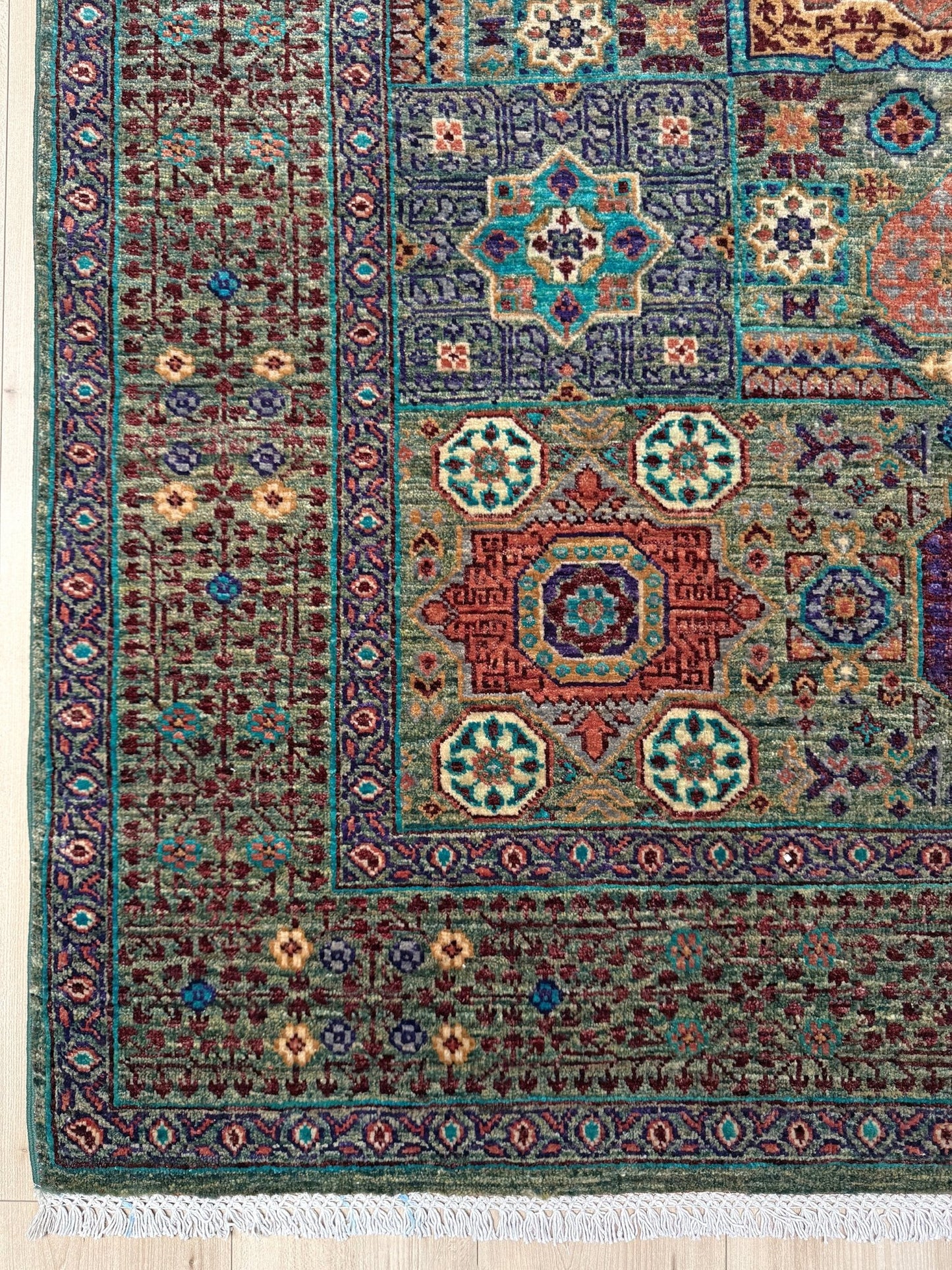 Handmade 6x8 Mamluk rug featuring a sage green field with terracotta, turquoise, navy, coral, and plum motifs, perfect for living room, bedroom, kitchen, or dining room. Ideal for traditional, eclectic, bohemian, or transitional home decor styles. From the best rug shop in Burlingame, SF Bay Area—free shipping available.