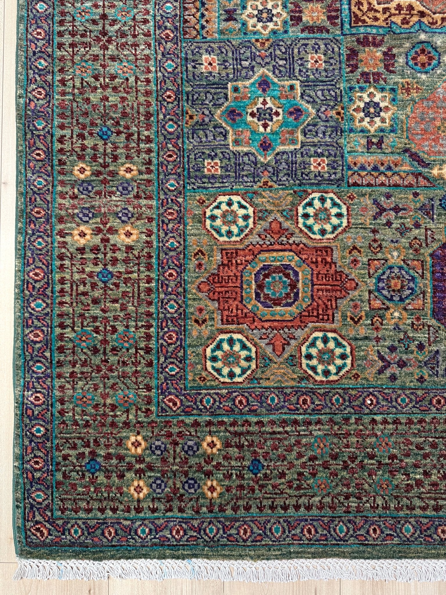 Handmade 6x8 Mamluk rug featuring a sage green field with terracotta, turquoise, navy, coral, and plum motifs, perfect for living room, bedroom, kitchen, or dining room. Ideal for traditional, eclectic, bohemian, or transitional home decor styles. From the best rug shop in Burlingame, SF Bay Area—free shipping available.